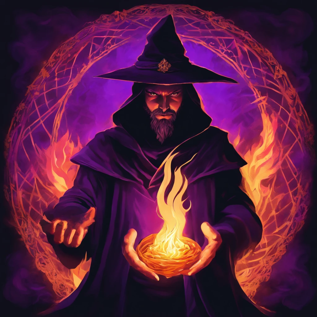 A Rpg Dark Mage, Holding Flames in both hands, His face is behind a magic triangle on purple color