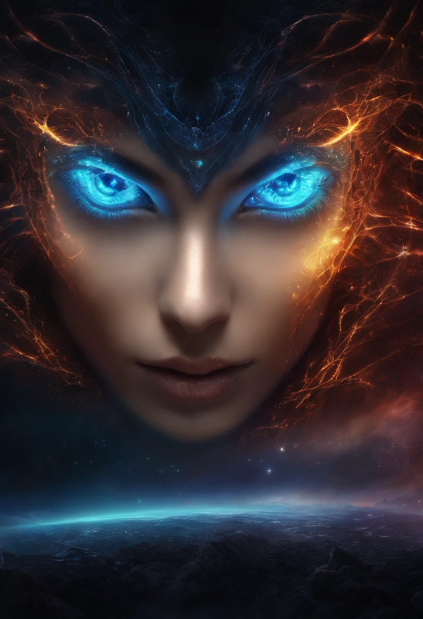 Fallen Angels of the Universe, radiant eyes, biomechanical, eery, creepy, nightmarish, Very bright colors, light Particle, bio luminescent, Diabolical, Wallpaper Art, UHD Wallpapers、Luminous eyes