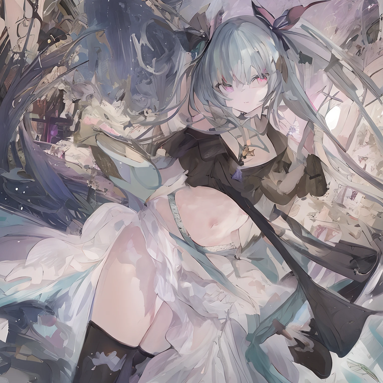 Let's start with a base illustration of a young female character.
Adjust the hair color to Hatsune Miku's iconic turquoise blue.
Style the hair to be very long, reaching below the waist, in twin tails. Ensure the twin tails are evenly balanced and neatly wrapped at the top.
Give the hair a glossy appearance and a slightly voluminous texture.
Create a youthful and cute facial expression with large, expressive eyes. The eye color should be a bright shade of blue.
Give her a characteristic slim and petite body frame.
Remove the distinctive outfit consisting of a sleeveless top, tie, and pleated skirt. Include shades of teal and black in the color scheme.
Include signature accessories such as a futuristic headset, microphone, and detachable sleeves.
Optionally, add knee-high boots or thigh-high socks in matching color tones.
Provide a background that complements the aesthetic, such as a futuristic cityscape or a concert stage with colorful lights.
Please note that due to the complexity of the instructions, it may be challenging for an AI to accurately generate an image based on the exact specifications provided.
Please draw it in a sketch-like style, resembling an idea sketch.
A drawing that looks like it was done with a pencil. A picture drawn in a messy manner. A drawing done with hesitation.Soft Joints - Dancer's Joints - Twisting the Hips Dramatically - No Use of Black in Outlines - Pink Illumination - Lowered Gaze - Slender Eyes - Puffy Cheeks - Visible Abdominal Skin - Hair Color is Aqua - Hair Doesn't Turn Green - Employing Light Pastel Colors for Outlines.