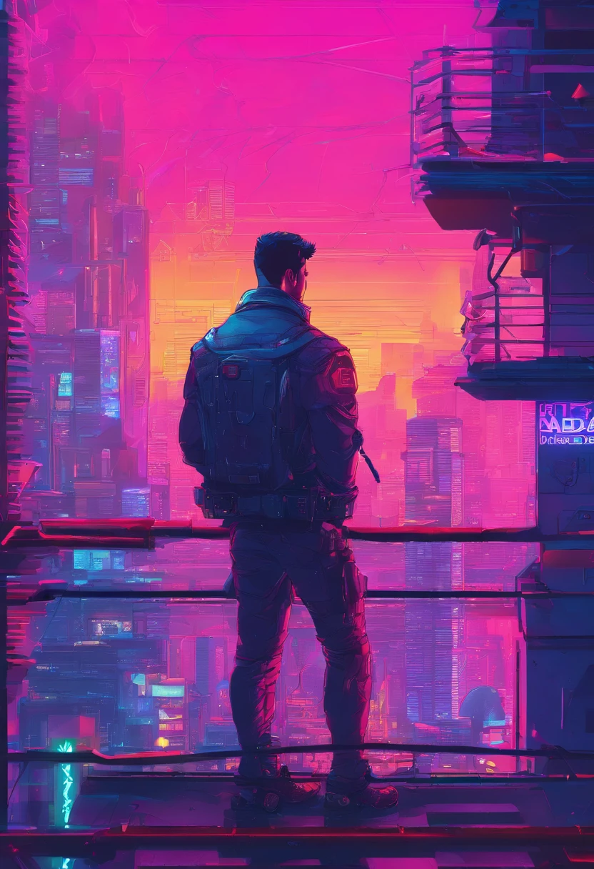 Man on the balcony of a building with his back looking at Cyberpunk City, Aesthetics Altered Carbon Series, Neons de Blade Runner, Various Buildings with Blade Runner Screens, Vibrações de ghost in the shell, ano de 2300, carros voadores, muita chuva, Apparel techwear, fotografia, DSLR camera with 50mm lens, abertura f/1.8, --AR 16:9 --V 5