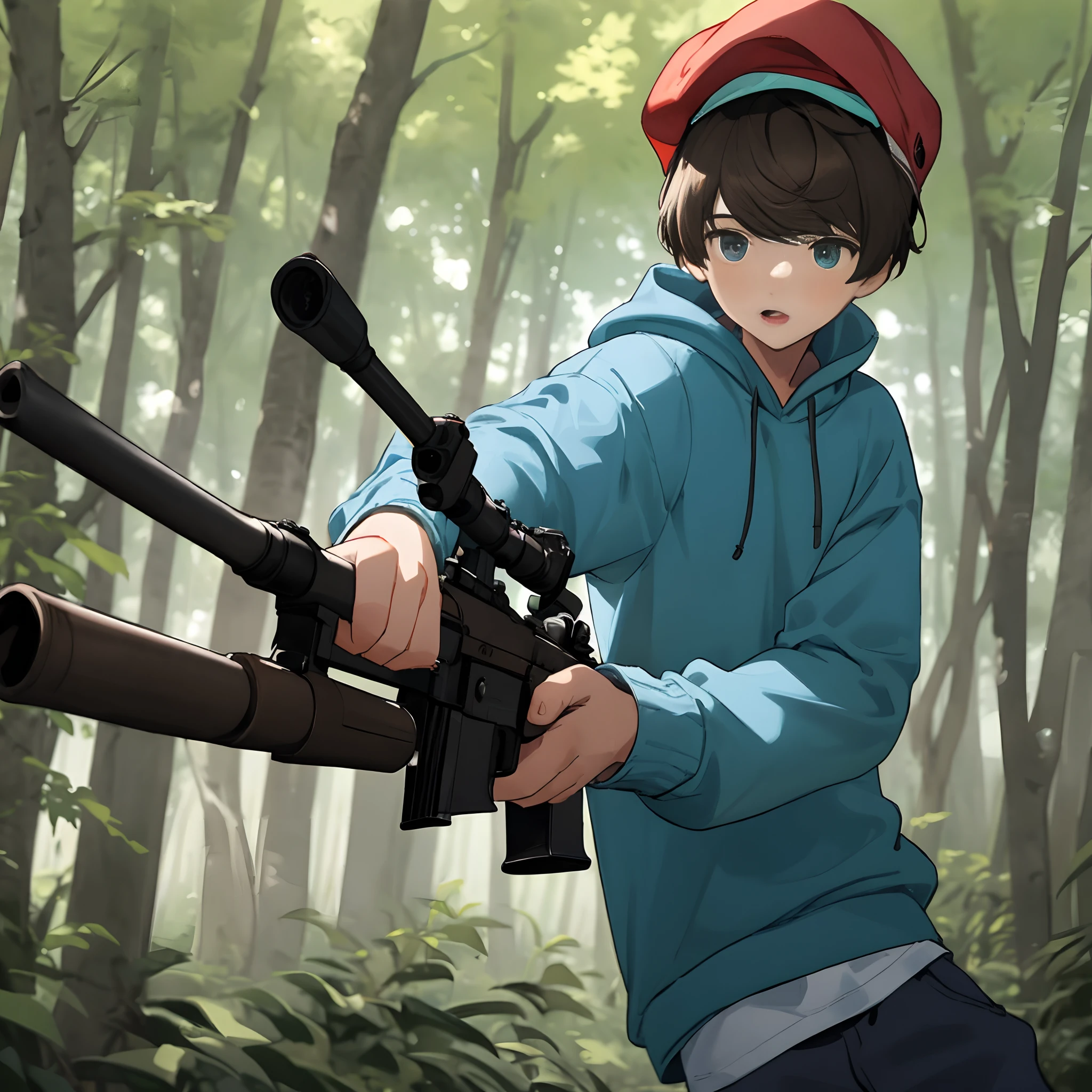 boy with bangs in a forest wearing a blue sweatshirt and a red cap and shooting into the air with a gun