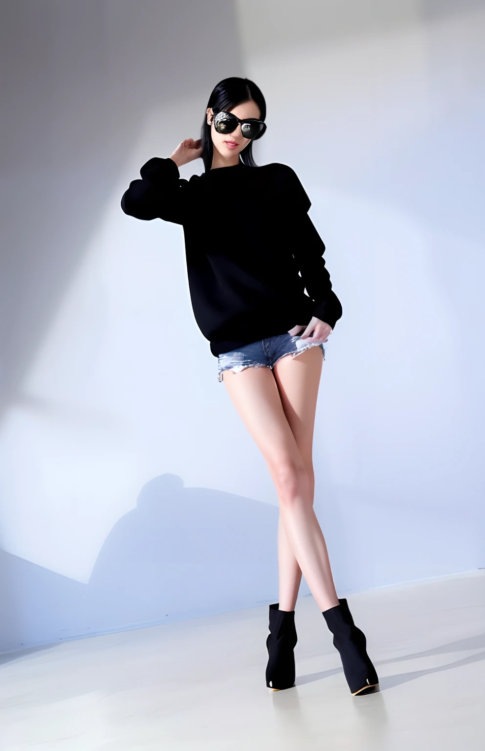 A Japanese Lady、Long black hair、Black sunglasses、beauitful face、Black sweater、Micro shorts、beauty legs、Raw feet、Tall、long legged、Clean thighs、pin heels、