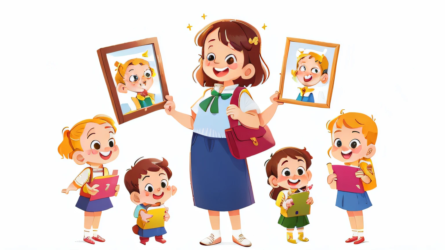 happy smiling Teacher & students is standing holding a beautiful picture frame above her head, full body ((white background))