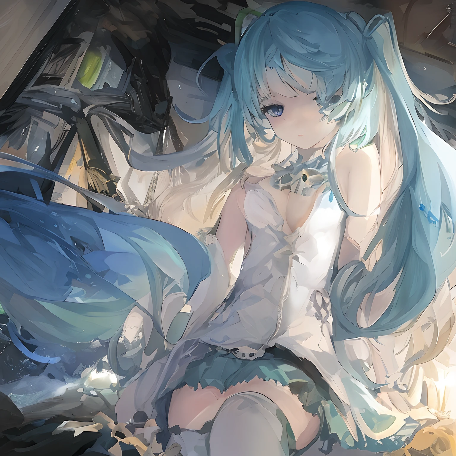 Let's start with a base illustration of a young female character.
Adjust the hair color to Hatsune Miku's iconic turquoise blue.
Style the hair to be very long, reaching below the waist, in twin tails. Ensure the twin tails are evenly balanced and neatly wrapped at the top.
Give the hair a glossy appearance and a slightly voluminous texture.
Create a youthful and cute facial expression with large, expressive eyes. The eye color should be a bright shade of blue.
Give her a characteristic slim and petite body frame.
Remove the distinctive outfit consisting of a sleeveless top, tie, and pleated skirt. Include shades of teal and black in the color scheme.
Include signature accessories such as a futuristic headset, microphone, and detachable sleeves.
Optionally, add knee-high boots or thigh-high socks in matching color tones.
Provide a background that complements the aesthetic, such as a futuristic cityscape or a concert stage with colorful lights.
Please note that due to the complexity of the instructions, it may be challenging for an AI to accurately generate an image based on the exact specifications provided.
Please draw it in a sketch-like style, resembling an idea sketch.
A drawing that looks like it was done with a pencil. A picture drawn in a messy manner. A drawing done with hesitation.Soft Joints - Dancer's Joints - Twisting the Hips Dramatically - No Use of Black in Outlines - Pink Illumination - Lowered Gaze - Slender Eyes - Puffy Cheeks - Visible Abdominal Skin - Hair Color is Aqua - Hair Doesn't Turn Green - Employing Light Pastel Colors for Outlines.