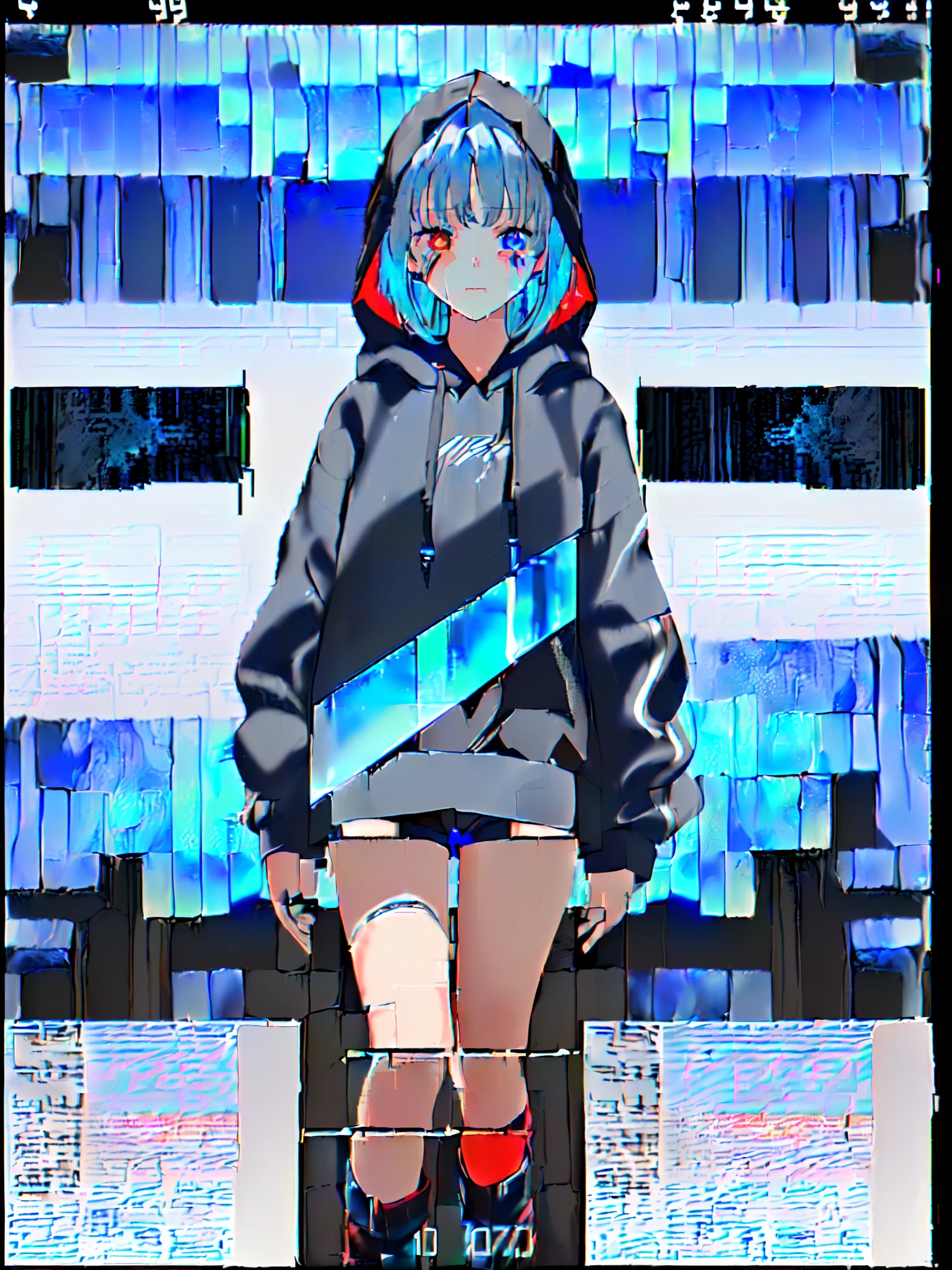 (one girls, About , Straight in front, Blue hair, Long hair, Futuristic clothes, Black hoodie, Black shorts:1.2), (Heterochromic, Blue Eye, Red Eye:1.4), (widely opened eyes, is crying, Tears from the eyes:1.3), (Broken background, dark backgrounds:1.3), (glitched, glitched:1.5),