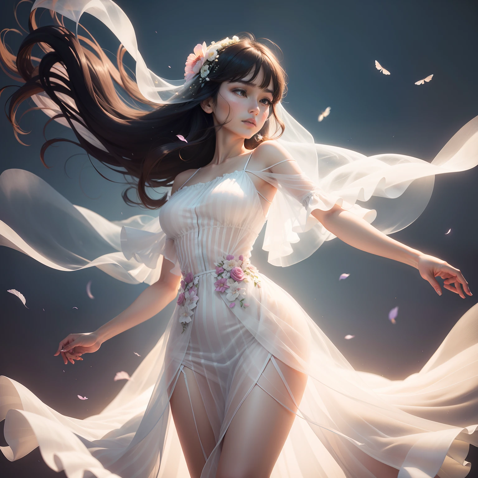 the woman was dressed unusually - in a very elegant chiffon dress made in the style of translucent planes, horizontal stripes, rodel gonzalez, delicate flowers, minimalist elegance, elba damast, fairycore,