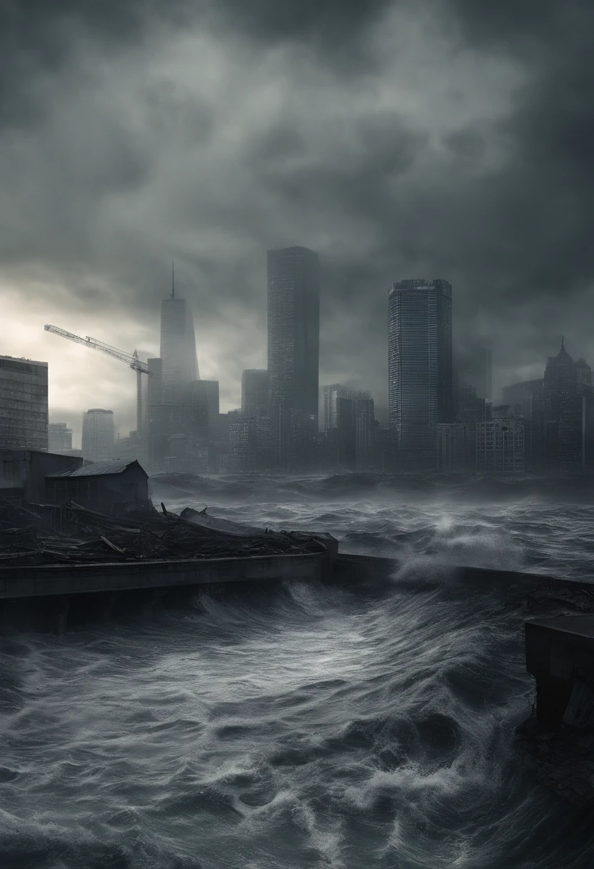 Create a cinematic cityscape，Towering tsunami waves pound the city skyline. The lens should capture the absolute power and destructive power of the wave, The building in the foreground is partially submerged, debris flying, and the feeling that disaster is imminent. Long lens camera angle with EE 70mm lens on the Nikon D850, Aim for high resolution, Photorealistic rendering. Ensure that the scene is highly detailed, With HDR lighting, And convey a sense of urgency and confusion.