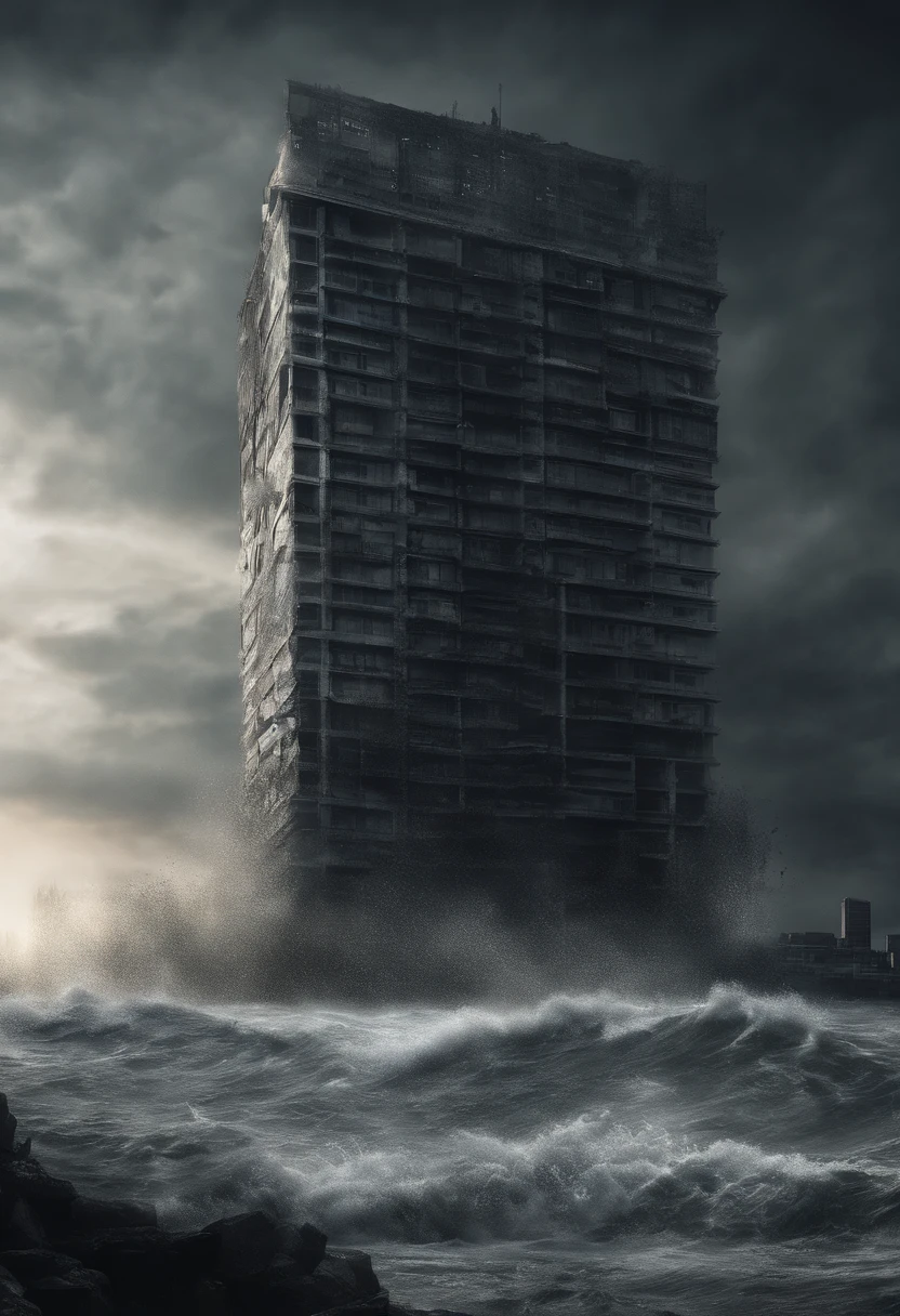 Create a cinematic cityscape,Towering tsunami waves pound the city skyline. The lens should capture the absolute power and destructive power of the wave, The building in the foreground is partially submerged, debris flying, and the feeling that disaster is imminent. Long lens camera angle with EE 70mm lens on the Nikon D850, Aim for high resolution, Photorealistic rendering. Ensure that the scene is highly detailed, With HDR lighting, And convey a sense of urgency and confusion.