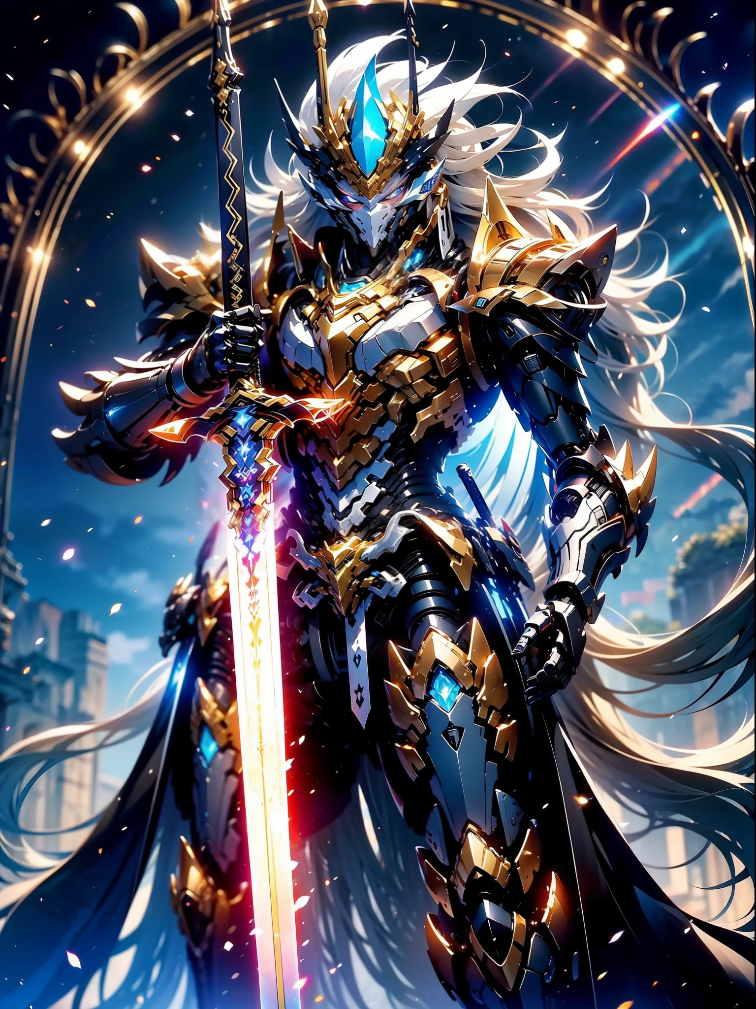 ultra wide shot, full body shot, (masterpiece) ， the best quality， High Quality， （futurism：1.1）， （A paladin holding a light infused sword, light magic, divine, magewave, silver and gold）， movie lights， （Exquisite future）， Beautiful and beautiful， Ultra detailed， Great composition， floating， Depth of field， （Very detailed CG，Unity 8k壁纸）， （Beautiful detail background）， Beautiful hair details， dramatic lights， GOGETTA， mecha，Bestquality，ultrahighres，photorealistic