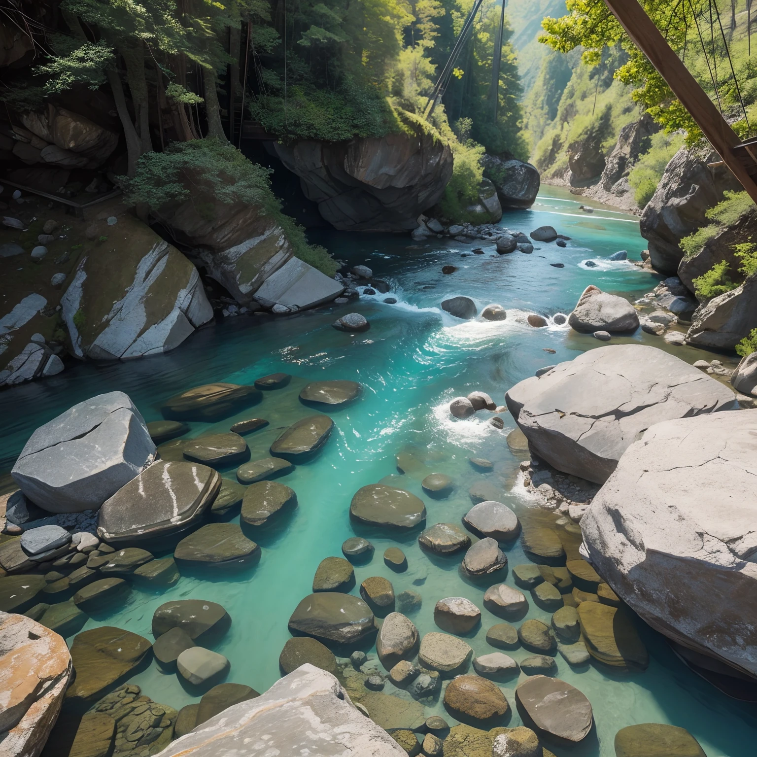 Dinamic scene view of a river with clear water with a strong current and rocks, above which there is a wooden suspension bridge, 8k, printable --auto