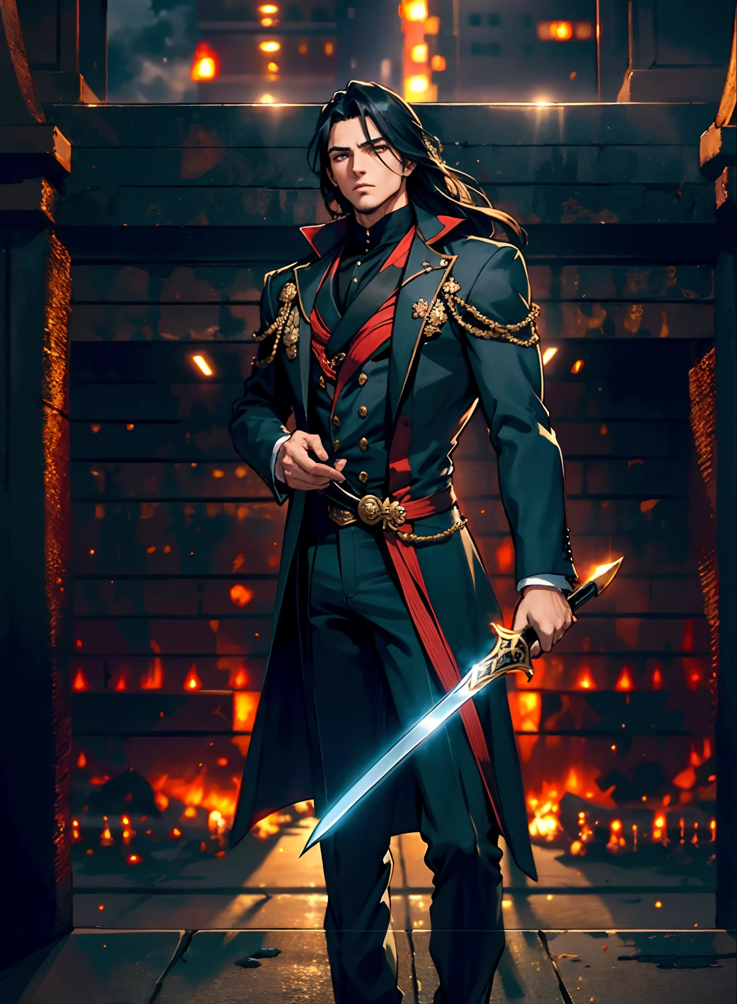 A young man with deep blue long hair, cold and resolute eyes, a slender face, handsome features, stands tall in front of a decrepit ancient city under the night sky, exudes a dignified demeanor, he wears a two-piece Western-Eastern hybrid black suit coat, matching black trousers, in each hand he holds a curved longsword emitting a faint, hazy blue glow that illuminates the surroundings, this character embodies a finely crafted fantasy-style swordsman design in anime style, characterized by a sophisticated and mature manga illustration art style, high definition, best quality, highres, ultra-detailed, ultra-fine painting, extremely delicate, professional, anatomically correct, symmetrical face, extremely detailed eyes and face, high quality eyes, creativity, RAW photo, UHD, 8k, Natural light, cinematic lighting, masterpiece:1.5