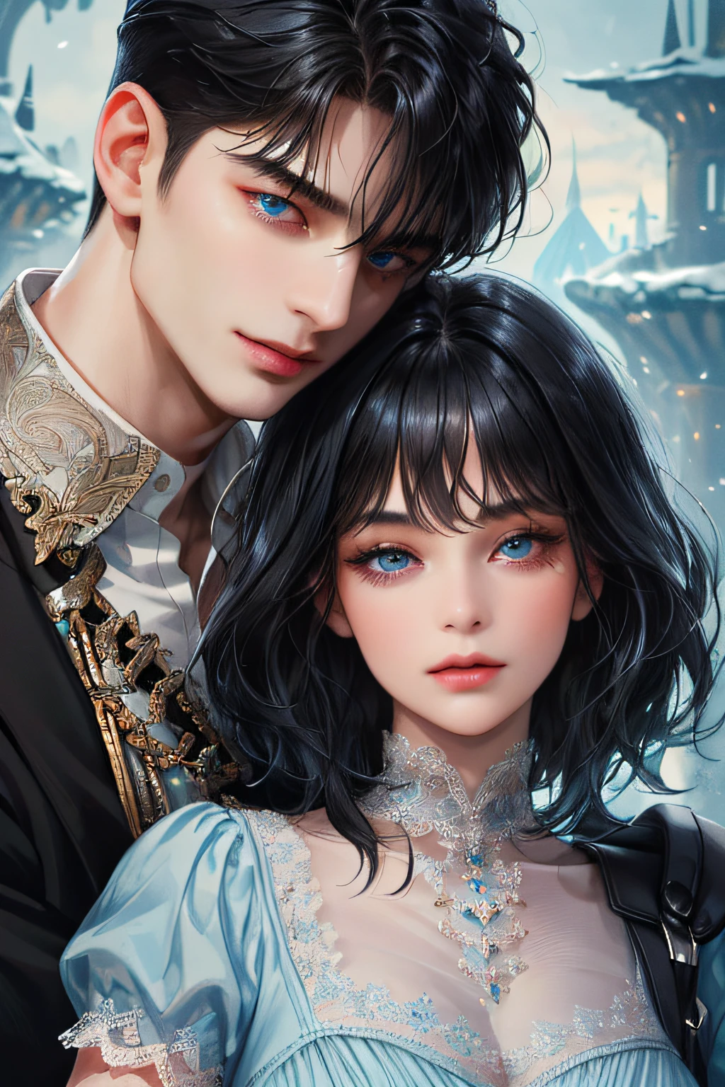 (absurdly , high quality , masterpiece , ultra detailed), ( detailed to hand ) (detailed to eyes) (detailed to face) , couples, 1 man (short black Quiff hair with Soft Fringe, bangs part on side 3:7 ratio) and 1 woman (short black hair with fringe) love ,pretty eyes (blue eyes) , black hair, fantasy, castle background, (close-up)