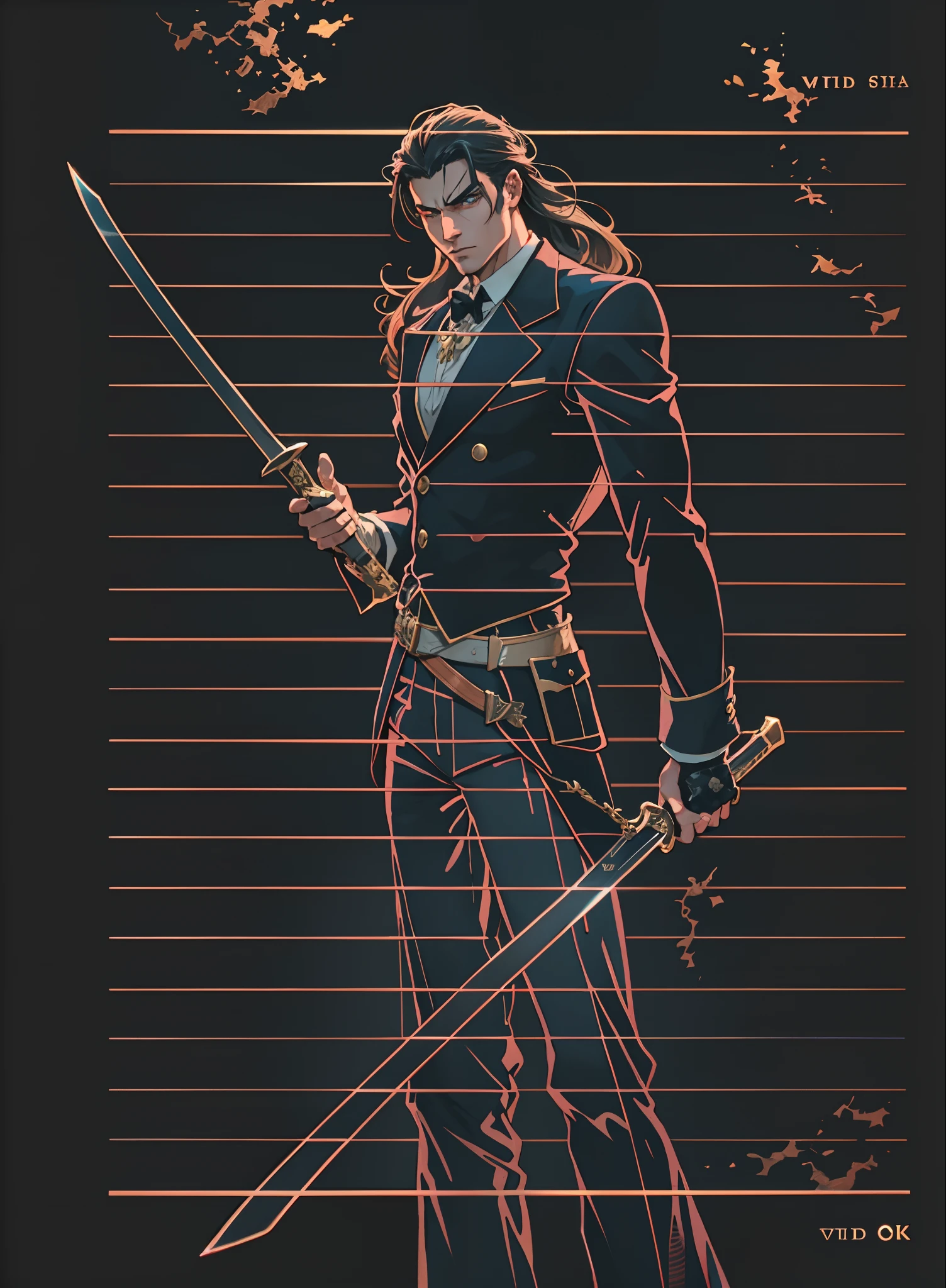 A young man with deep blue long hair, cold and resolute eyes, a slender face, handsome features, stands tall in front of a decrepit ancient city under the night sky, exudes a dignified demeanor, he wears a two-piece Western-Eastern hybrid black suit coat, matching black trousers, in each hand he holds a curved longsword emitting a faint, hazy blue glow that illuminates the surroundings, this character embodies a finely crafted fantasy-style swordsman design in anime style, characterized by a sophisticated and mature manga illustration art style, high definition, best quality, highres, ultra-detailed, ultra-fine painting, extremely delicate, professional, anatomically correct, symmetrical face, extremely detailed eyes and face, high quality eyes, creativity, RAW photo, UHD, 8k, Natural light, cinematic lighting, masterpiece:1.5