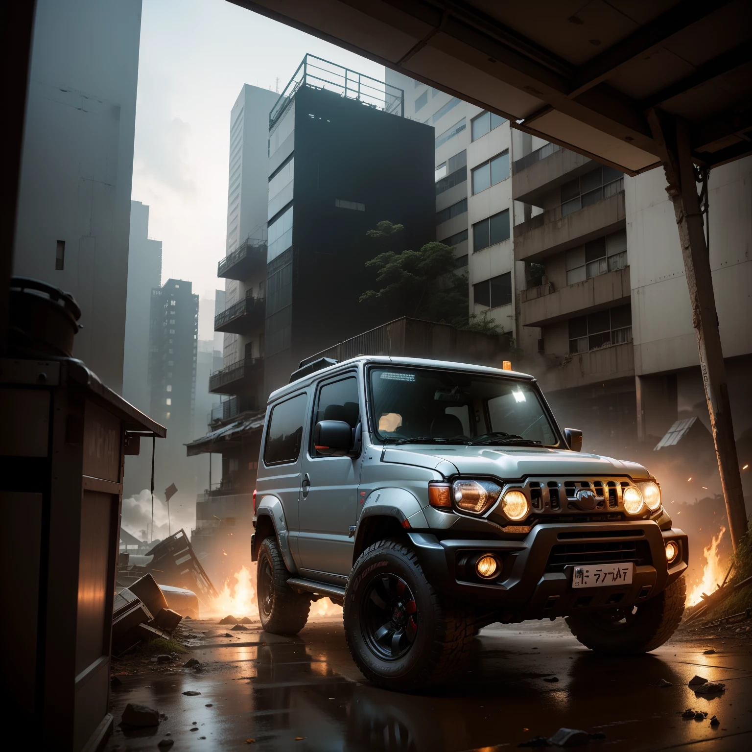 JA11 Jimny、Ruins、cyberpunked、rialistic photo、Photorealsitic