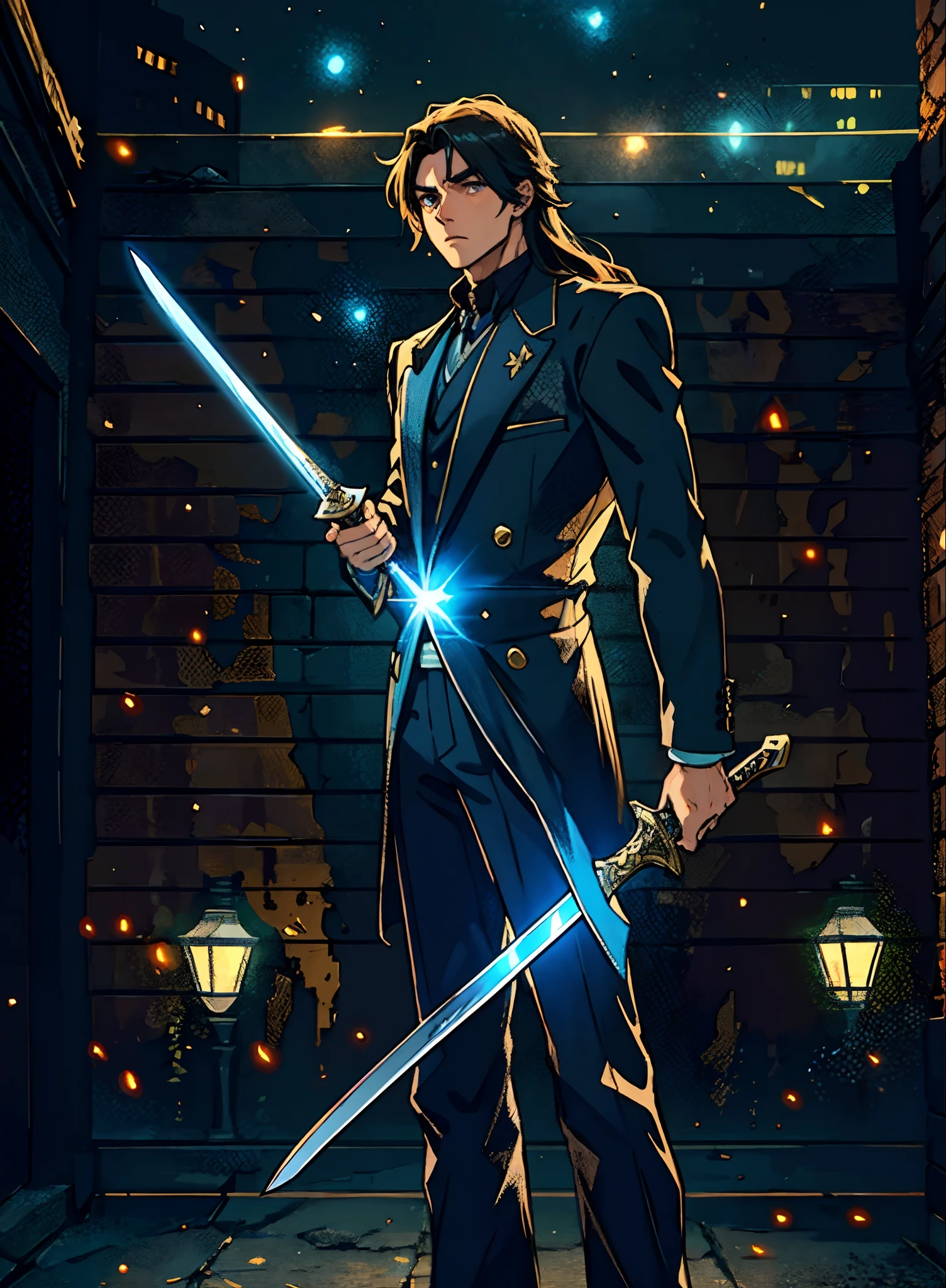A young man with deep blue long hair, cold and resolute eyes, a slender face, handsome features, stands tall in front of a decrepit ancient city under the night sky, exudes a dignified demeanor, he wears a two-piece Western-Eastern hybrid black suit coat, matching black trousers, in each hand he holds a curved longsword emitting a faint, hazy blue glow that illuminates the surroundings, this character embodies a finely crafted fantasy-style swordsman design in anime style, characterized by a sophisticated and mature manga illustration art style, high definition, best quality, highres, ultra-detailed, ultra-fine painting, extremely delicate, professional, anatomically correct, symmetrical face, extremely detailed eyes and face, high quality eyes, creativity, RAW photo, UHD, 8k, Natural light, cinematic lighting, masterpiece:1.5