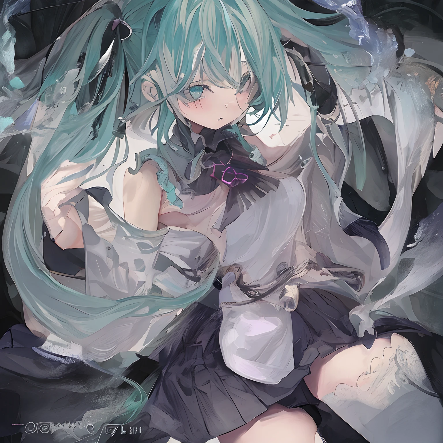 Let's start with a base illustration of a young female character.
Adjust the hair color to Hatsune Miku's iconic turquoise blue.
Style the hair to be very long, reaching below the waist, in twin tails. Ensure the twin tails are evenly balanced and neatly wrapped at the top.
Give the hair a glossy appearance and a slightly voluminous texture.
Create a youthful and cute facial expression with large, expressive eyes. The eye color should be a bright shade of blue.
Give her a characteristic slim and petite body frame.
Remove the distinctive outfit consisting of a sleeveless top, tie, and pleated skirt. Include shades of teal and black in the color scheme.
Include signature accessories such as a futuristic headset, microphone, and detachable sleeves.
Optionally, add knee-high boots or thigh-high socks in matching color tones.
Provide a background that complements the aesthetic, such as a futuristic cityscape or a concert stage with colorful lights.
Please note that due to the complexity of the instructions, it may be challenging for an AI to accurately generate an image based on the exact specifications provided.
Please draw it in a sketch-like style, resembling an idea sketch.
A drawing that looks like it was done with a pencil. A picture drawn in a messy manner. A drawing done with hesitation.Soft Joints - Dancer's Joints - Twisting the Hips Dramatically - No Use of Black in Outlines - Pink Illumination - Lowered Gaze - Slender Eyes - Puffy Cheeks - Visible Abdominal Skin - Hair Color is Aqua - Hair Doesn't Turn Green - Employing Light Pastel Colors for Outlines.