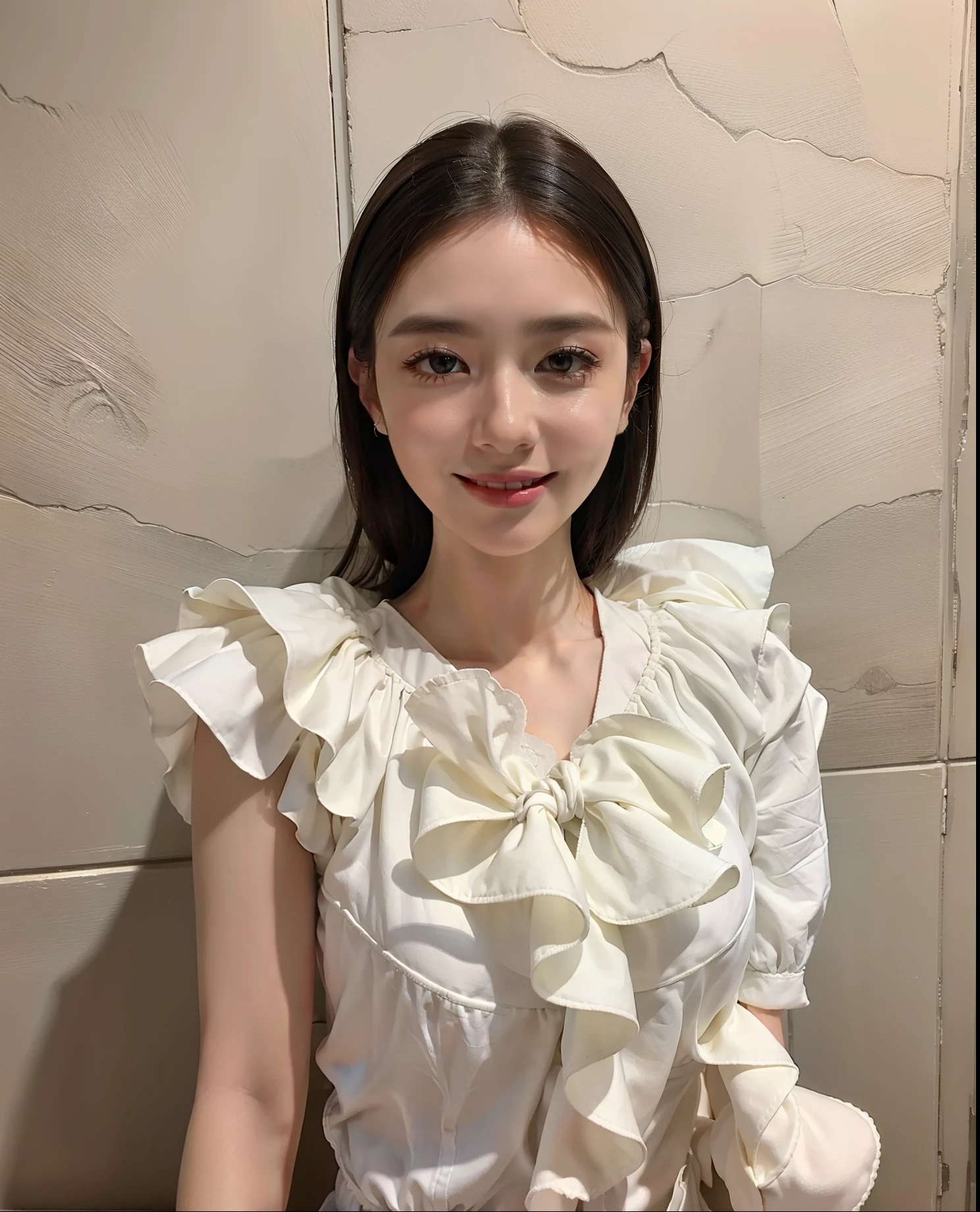 ((Highest quality)), ((8K)), ((masterpiece: 1.3)), (Perfect appearance), (Photorealism: 1.6), (SH), (Woman standing in the middle of the stage), Japanese Mature, (58 years old), ((Realistic skin texture)), (Fine wrinkles appear all over the skin), (Dullness), (Unmoisturized skin) , (Facial wrinkles), (Wrinkles around the eyes), double eyelid, Lower eyelid tear trough, (Dimples), Short bangs, Long wavy hair, Smile with the corners of your mouth turned up, (Double teeth: 1.2), The gaze is directed here, (Open neck blouse: 1.4), (Three-quarter sleeves, Wide cuffs), (mini skirt), High heels, (whole body), (Angle from the feet),