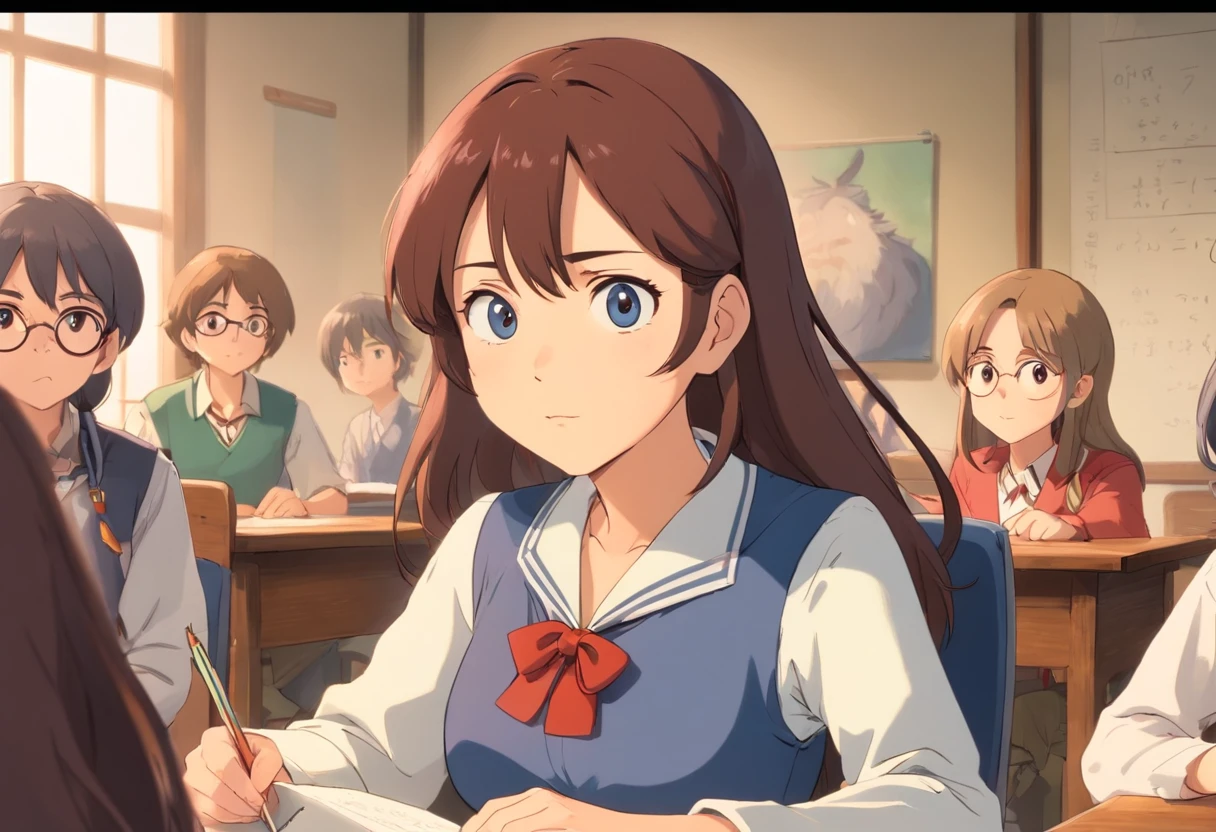 In the classroom,The teacher is lecturing the students,Beautiful teacher,closeup cleavage,sharp focus on eyes