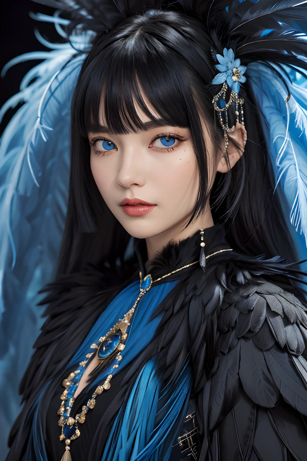 (absurderes , High quality , Masterpiece , Ultra detailed), ( Detailed to hand ) (Details to the eye) (Meticulous to the face) , couples, 1 man (Short black plumage，Soft tassels, The bangs part is on side 3:7 Scale) and 1 female (Short black hair with tassels) Love ,pretty eyes (Blue eyes) , Black hair, fantasy, Detailed background.