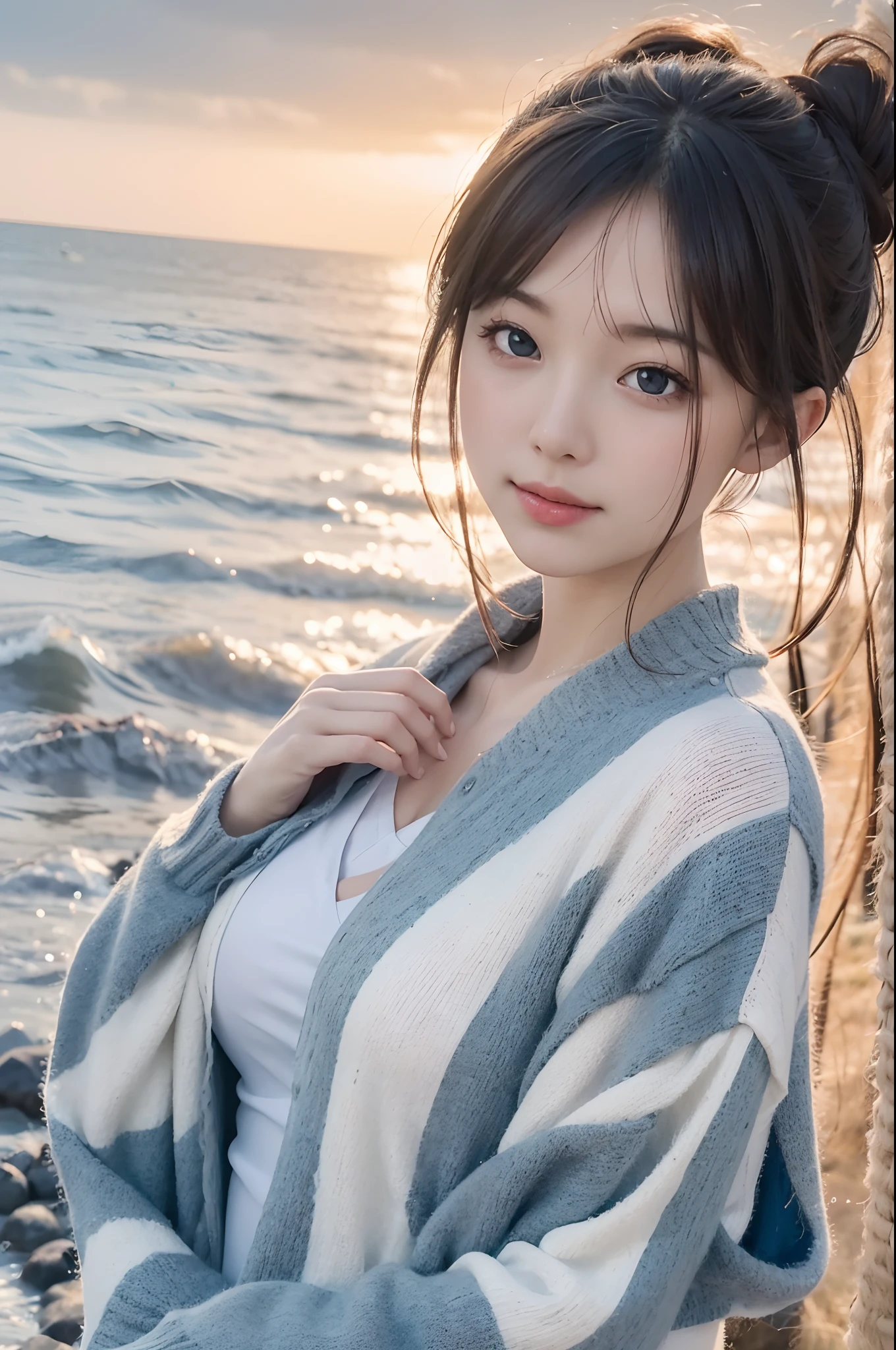 (Magical and beautiful sky blue stream overlay pattern costume detail depiction), Soft lighting, Clean background, Beautiful sky scenery, Masterpiece, High quality, Beautiful graphics, High detail,woman，beachside, Sharp focus，Extend the framework, Inspiring 16K wallpapers,