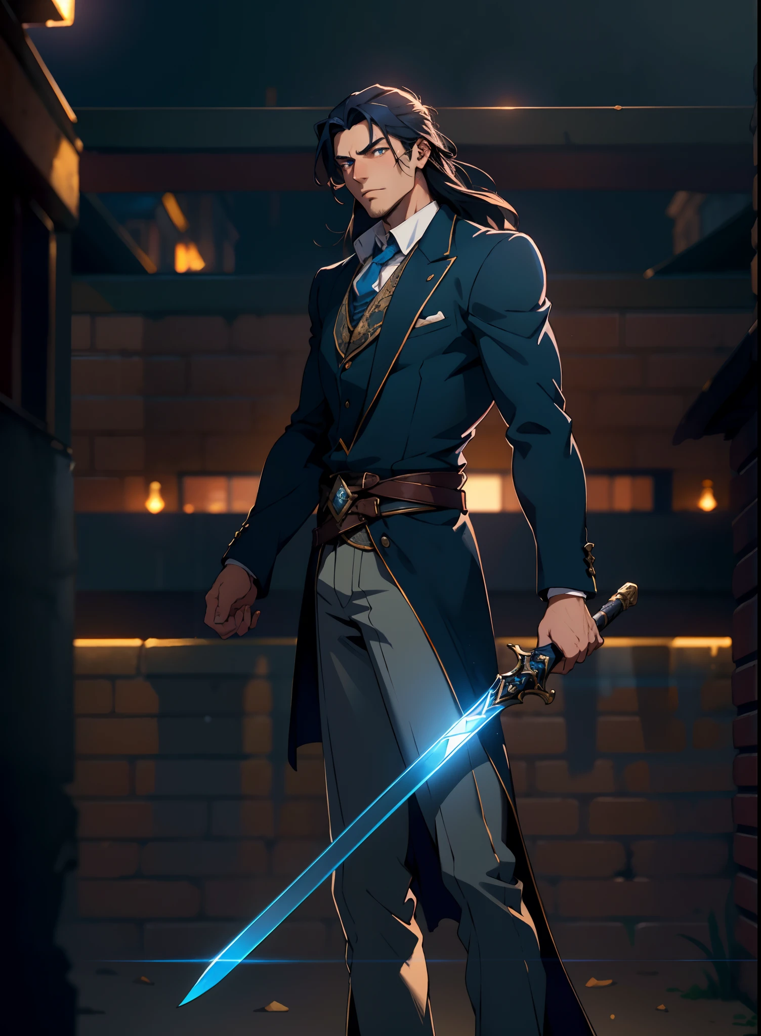 A young man with deep blue long hair, cold and resolute eyes, a slender face, handsome features, stands tall in front of a decrepit ancient city under the night sky, exudes a dignified demeanor, he wears a two-piece Western-Eastern hybrid black suit coat, matching black trousers, in each hand he holds a curved longsword emitting a faint, hazy blue glow that illuminates the surroundings, this character embodies a finely crafted fantasy-style swordsman design in anime style, characterized by a sophisticated and mature manga illustration art style, high definition, best quality, highres, ultra-detailed, ultra-fine painting, extremely delicate, professional, anatomically correct, symmetrical face, extremely detailed eyes and face, high quality eyes, creativity, RAW photo, UHD, 8k, Natural light, cinematic lighting, masterpiece:1.5