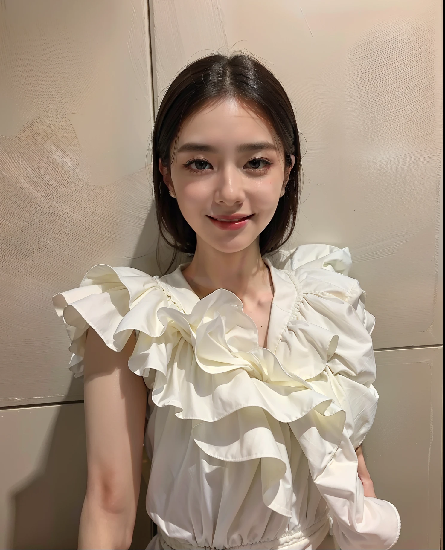 (top-quality、8k、masterpiece:1.3)、Beautiful Women in Perfect Figure:1.4、dark brown hair、extremely detailed face and skin、A detailed eye、二重まぶた、huge tit、a smile、g-cup