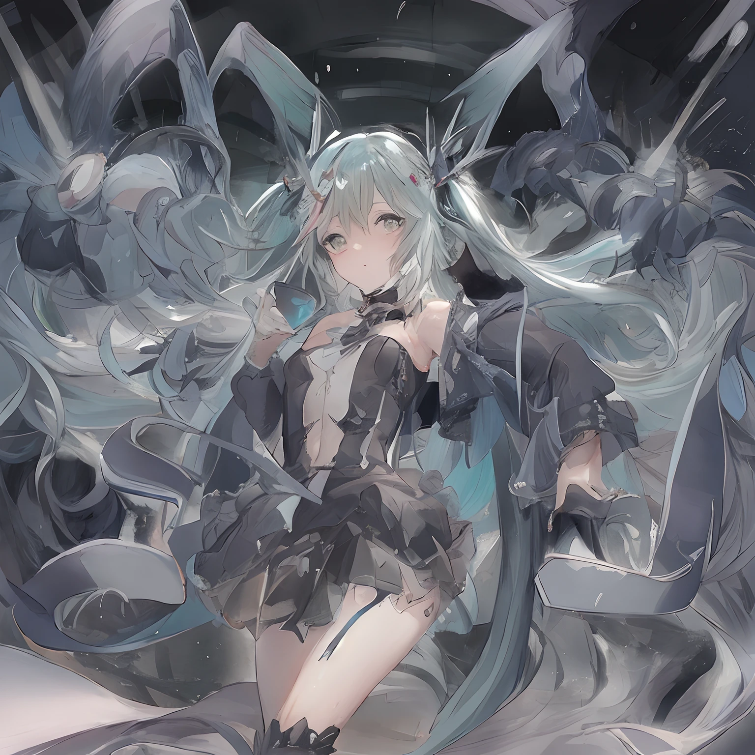 Let's start with a base illustration of a young female character.
Adjust the hair color to Hatsune Miku's iconic turquoise blue.
Style the hair to be very long, reaching below the waist, in twin tails. Ensure the twin tails are evenly balanced and neatly wrapped at the top.
Give the hair a glossy appearance and a slightly voluminous texture.
Create a youthful and cute facial expression with large, expressive eyes. The eye color should be a bright shade of blue.
Give her a characteristic slim and petite body frame.
Remove the distinctive outfit consisting of a sleeveless top, tie, and pleated skirt. Include shades of teal and black in the color scheme.
Include signature accessories such as a futuristic headset, microphone, and detachable sleeves.
Optionally, add knee-high boots or thigh-high socks in matching color tones.
Provide a background that complements the aesthetic, such as a futuristic cityscape or a concert stage with colorful lights.
Please note that due to the complexity of the instructions, it may be challenging for an AI to accurately generate an image based on the exact specifications provided.
Please draw it in a sketch-like style, resembling an idea sketch.
A drawing that looks like it was done with a pencil. A picture drawn in a messy manner. A drawing done with hesitation.Soft Joints - Dancer's Joints - Twisting the Hips Dramatically - No Use of Black in Outlines - Pink Illumination - Lowered Gaze - Slender Eyes - Puffy Cheeks - Visible Abdominal Skin - Hair Color is Aqua - Hair Doesn't Turn Green - Employing Light Pastel Colors for Outlines.