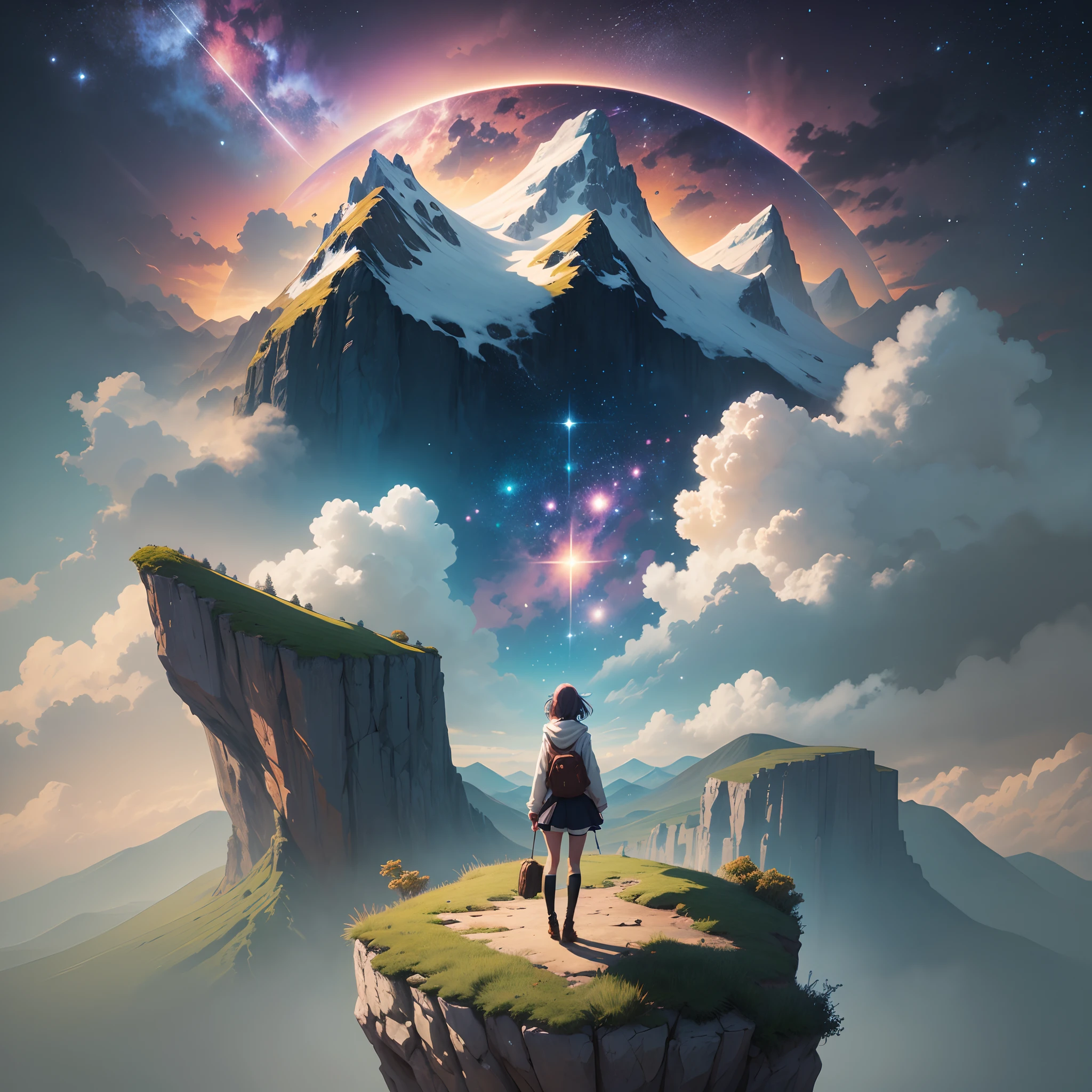 female anime character, standing on a small ledge of land in the distance, with her back turned, looking at the stars, starry sky, landscape of a beautiful open field with mountains in the background, without looking at the camera, serial art, anime digital illustration , anime style illustration, 4K anime style, cute anime portrait, anime style portrait, anime style art, anime illustration, anime digital art, detailed anime digital art. --auto --s2