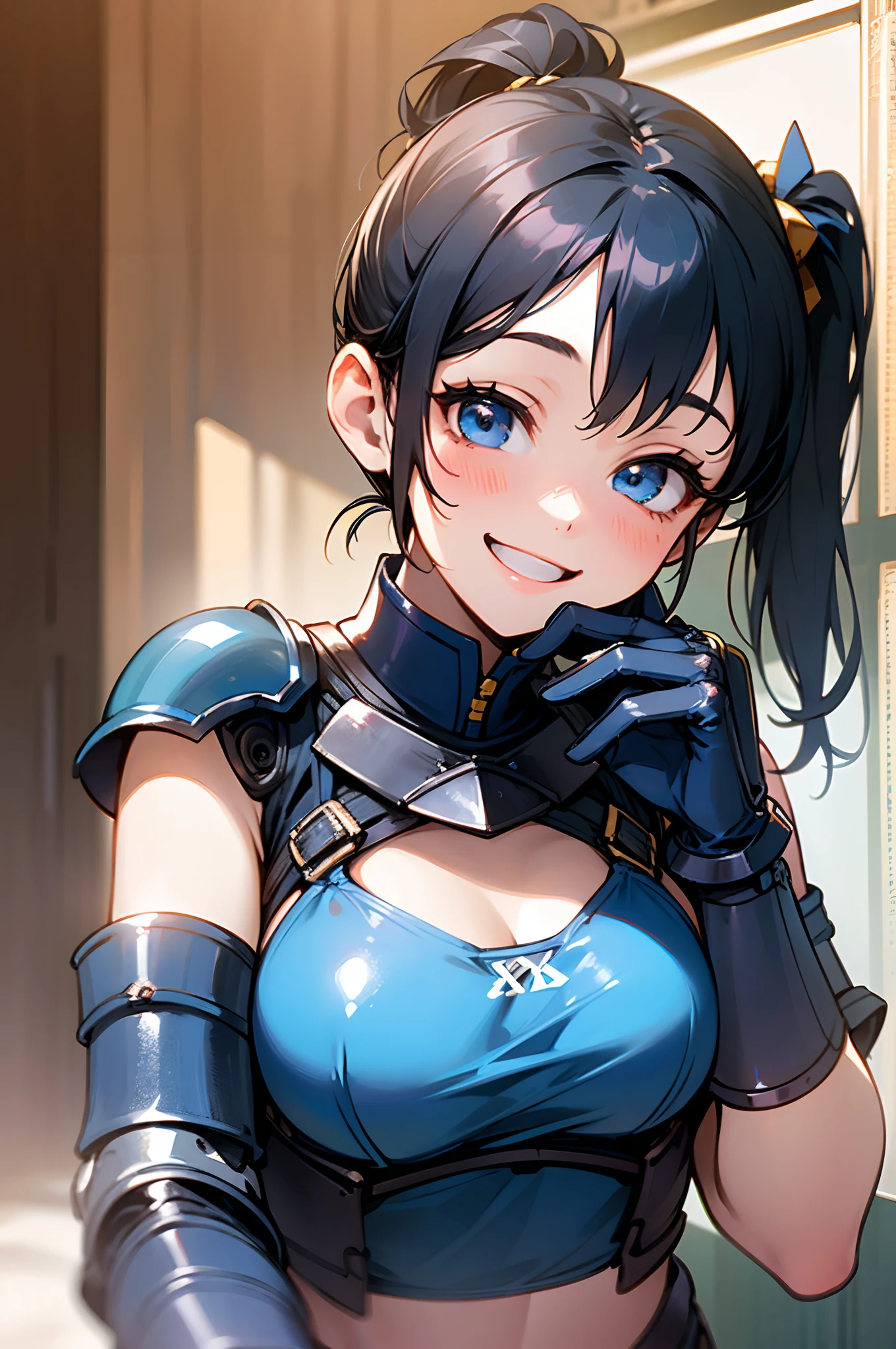 (Best Quality,High resolution:1.2), 18-year-old girl, Dark blue-black hair, Side Ponytail, Smiling, Laughing together, Lightweight blue bikini armor, Blue Gloves, relaxed poses, Natural lighting.