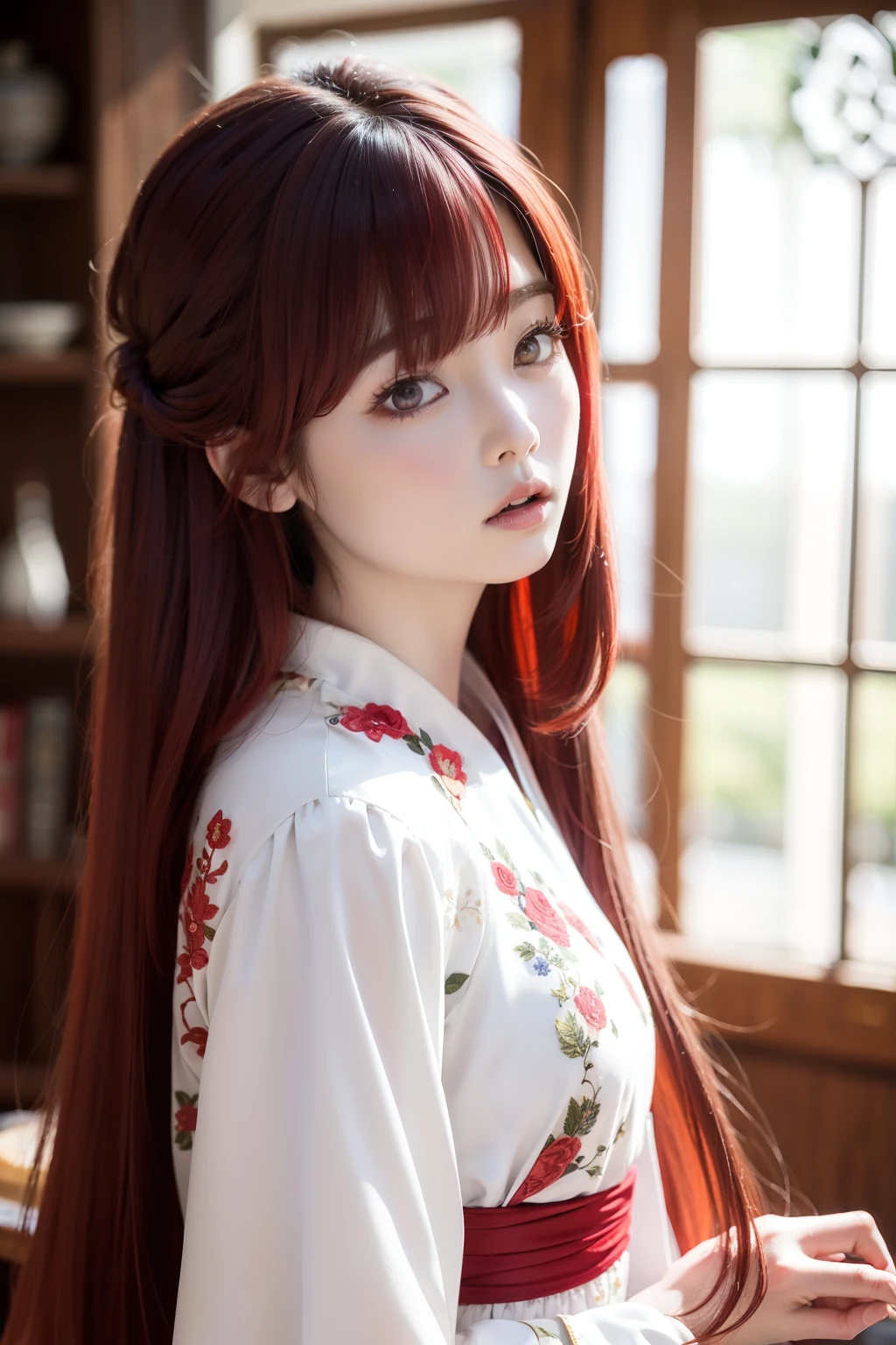 from the front side、Red hair、Long hair、Side tail、bustshot、Hair tied at the side、Princess、robe blanche、floral embroidery、angry、Yelling、Scary face、Looking from the front、