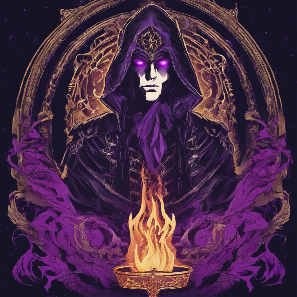 Um Mago das Trevas de RPG, Holding flames in both hands, His face is behind a magic triangle in purple color