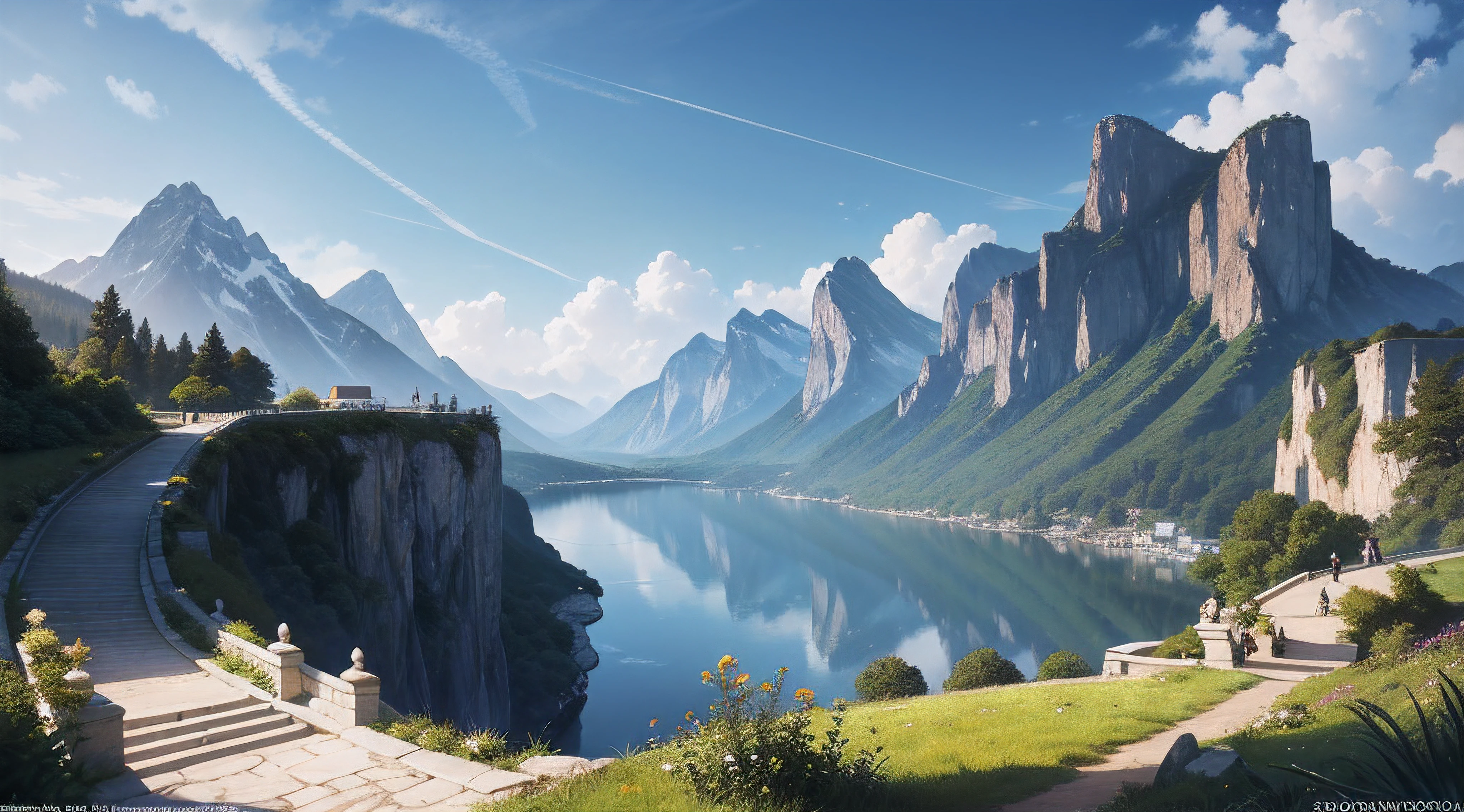 Ebony Gold AI Masterpiece, Best quality, High quality, high resolution, (((Beautiful detailed sky))), magnifica, cottage, Grand(Magnificent, splendid), sight(View), Spectacular spectacle, k hd, ((Best shadow)), Realistic, Nature, scenery, Cloud, Mountain, Grass, rock music, hill, cliff, tree, pedestrian walkway, background only, nigh sky, Moonlight, ((Ultra-detailed)), (Best Illustration), ((An extremely delicate and beautiful)), Dynamic Angle, River, trail, bench, Highest quality image quality, Quiet, far_away