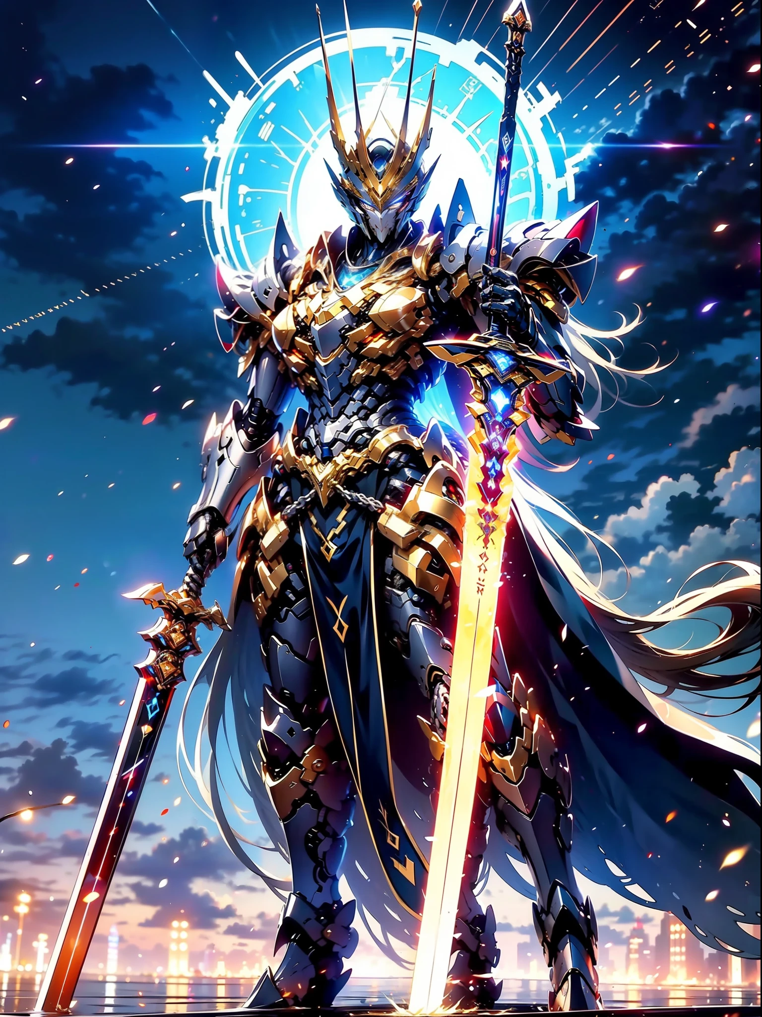 ultra wide shot, full body shot, (masterpiece) ， the best quality， High Quality， （futurism：1.1）， （A paladin holding a light infused sword, light magic, divine, magewave, silver and gold）， movie lights， （Exquisite future）， Beautiful and beautiful， Ultra detailed， Great composition， floating， Depth of field， （Very detailed CG，Unity 8k壁纸）， （Beautiful detail background）， Beautiful hair details， dramatic lights， GOGETTA， mecha，Bestquality，ultrahighres，photorealistic