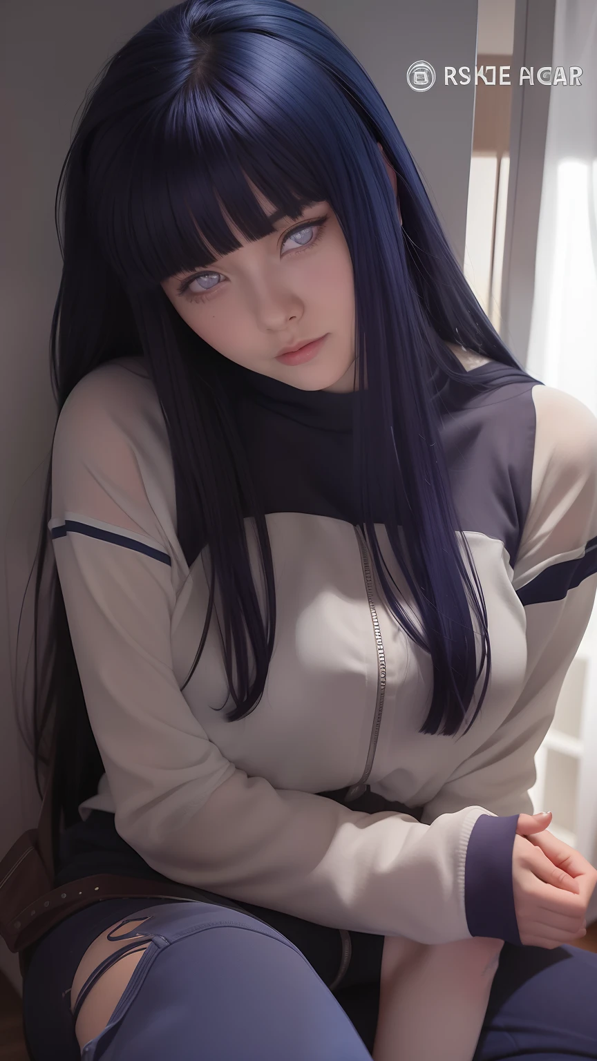 Hinata hyuga A woman was sitting in a room. He seemed to be wearing a silver colored shirt. And dark blue. He has blue hair. A long one. Straight. Unraveling. No strings attached. He had a white as snow. And rosy cheeks. And those little red lips. He was looking into the camera. With a faint smile. So pretty and realistic