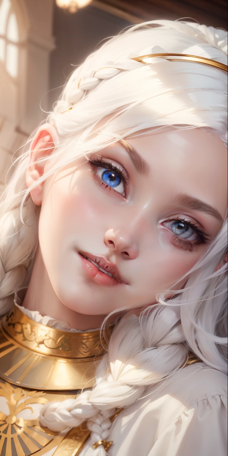 best quality, masterpiece,white hair, gold eyes,white clothes, looking up, upper body,hair strand,Fair skin,side braids