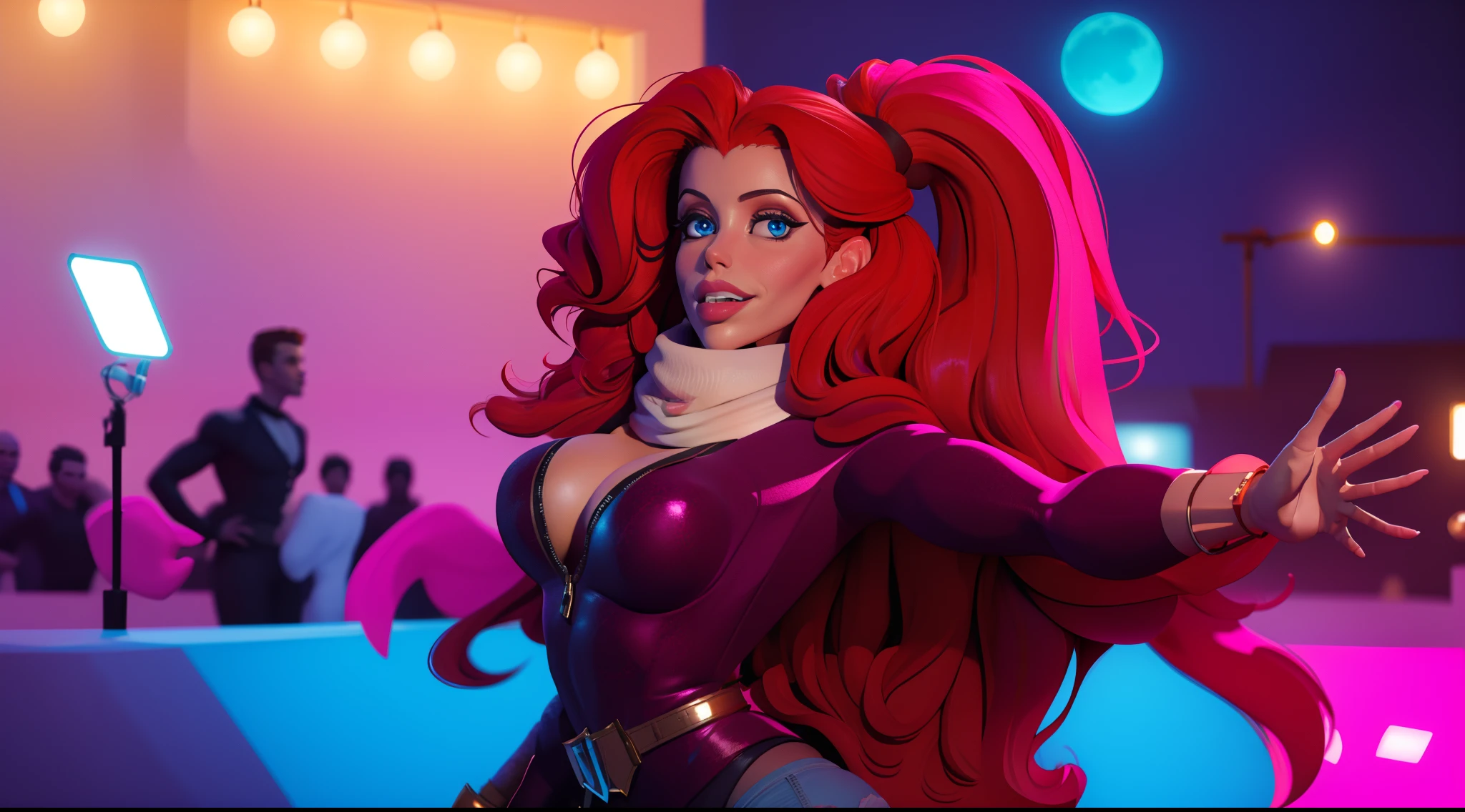 low angle photo of a gorgeous, 37 year old woman, blue eyes, milf, healthy skinny,short, clean skin texture, small, big lips, little noose, sexy, wearing, coat, tight jeans, scarf, (red long hair in ponytail), redhead, red hair, smiling.
symmetric composition, pleasing setting, red key light, blue and purple fill light.
insanely detailed eyes, little boops, tiny boops, small tits, small perky breasts(perky breasts), perky, skinny,
2/3 body crop, 8 mm art lens, f 1. 1, sharp focus, 8 k high definition, insanely detailed, photorealistic,
big shoulder, little neck, long lash, full lips, big lower lip, pink lips, firm breast, firm pushup, push up, firm chest, posing outside in the night city, night lights, city lights.