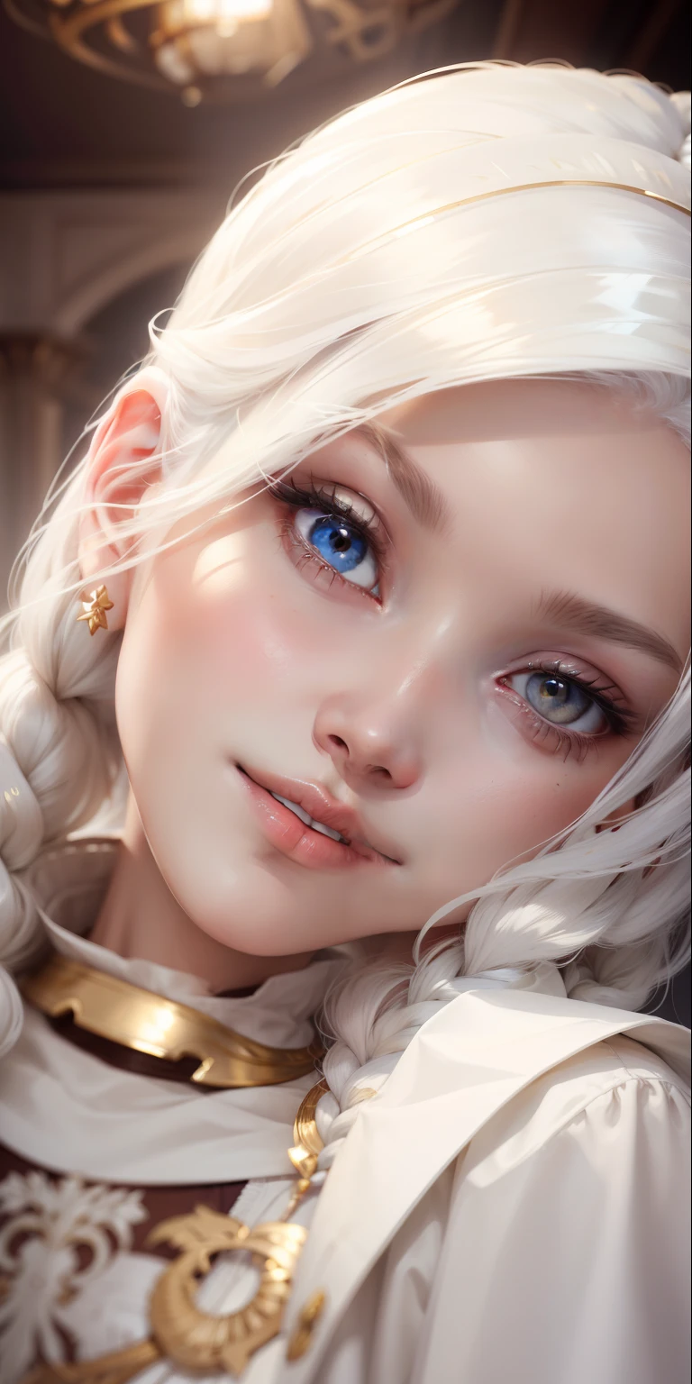 best quality, masterpiece,white hair, gold eyes,white clothes, looking up, upper body,hair strand,Fair skin,side braids