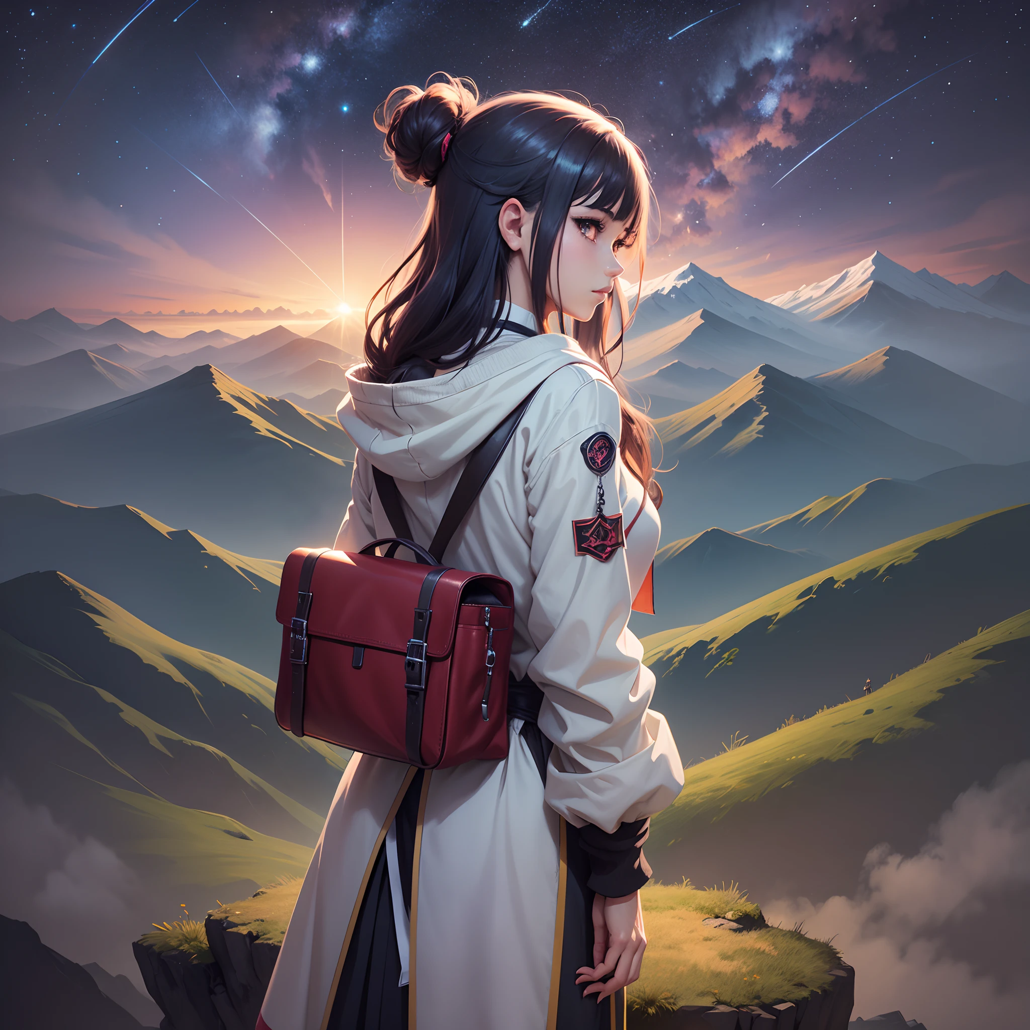female anime character, standing on a small ledge of land in the distance, with her back turned, looking at the stars, starry sky, landscape of a beautiful open field with mountains in the background, without looking at the camera, serial art, anime digital illustration , anime style illustration, 4K anime style, cute anime portrait, anime style portrait, anime style art, anime illustration, anime digital art, detailed anime digital art. --auto --s2