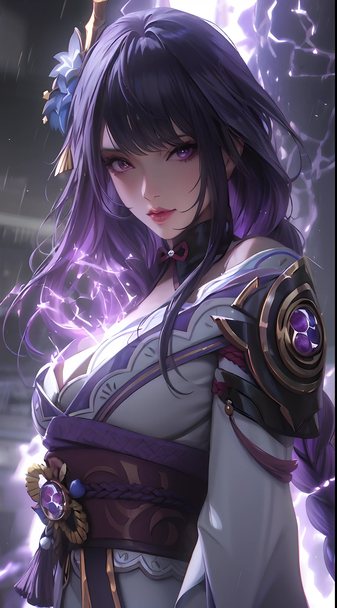 a close up of a woman with purple hair and a sword, extremely detailed artgerm, ig model | artgerm, portrait knights of zodiac girl, detailed digital anime art, artgerm detailed, artgerm. high detail, artgerm. anime illustration, by Yang J, artgerm on artstation pixiv, ayaka genshin impact
