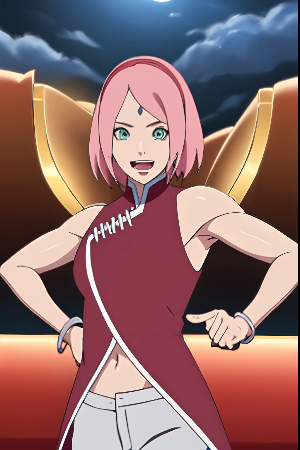 masterpiece, 4k, portrait, cowboy shot, (night), professional artwork, intricate details, colorful, digital blending, (ultra detailed body, ultra detail hair, ultra detail face), trending on pixiv, kind smile, best quality, anime style: 1.9, 1girl, hires, haruno sakura, (forehead mark, milf, red hairband, pale skin, (small breasts), short hair, ((red sleeveless dress,), white pants), ((navel, belly button), slender body, slender belly, bracelet, pink hair, open mouth, big eyes), smile, beach, wind, floating hair, detailed arms, off-shoulders, broad shoulders, ((both armpits , (both) hands spreading to both sides, (symmetrical arms))), fancy couch, relaxing, laying, talking, looking at the viewer, ((showing both armpits, hairy armpits)))