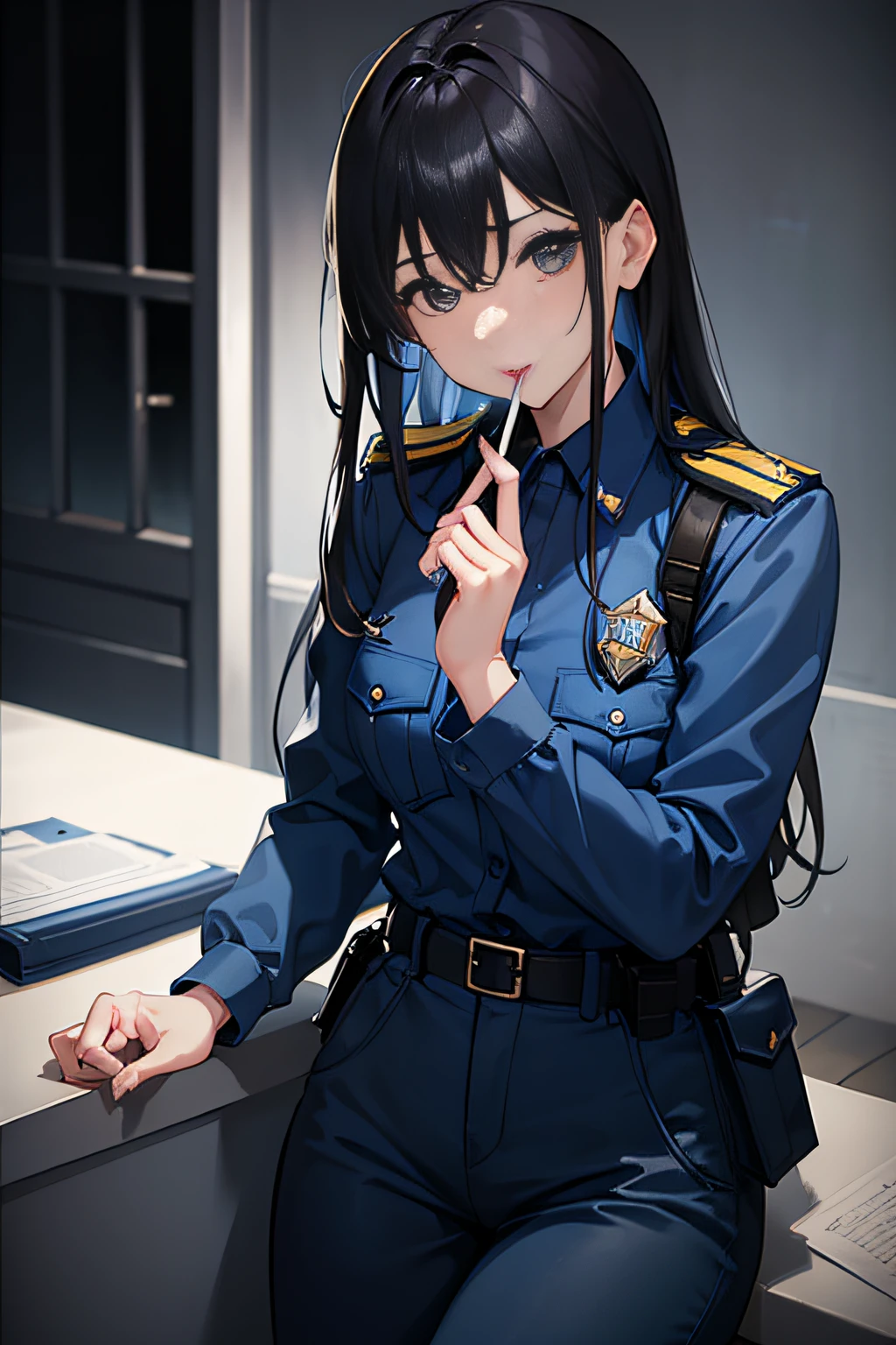 photoRealstic、hight resolution、Beautiful Female Police Officer、Smoking cigarettes、Blue Uniform（police officers）、police station、burst into laughter、close your eyes and laugh、A dark-haired、Fine-textured skin、Darker makeup、eye make up、Light brown eyes