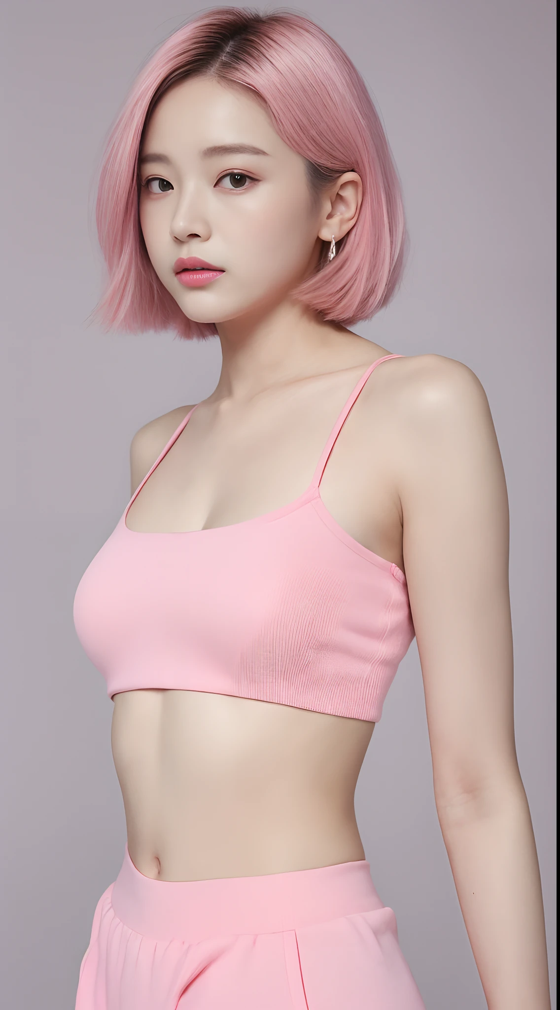 top-quality、masterpiece、超A high resolution、super model、Shoulder-chest portrait photo、pink crop top hoodie、Pink underwear、Petite bust、Dynamic fashion poses、(真实感:1.8)、OriginalPhotographs、1girl in、bare shoulders、Model body type、small tits、Pink gradient hair