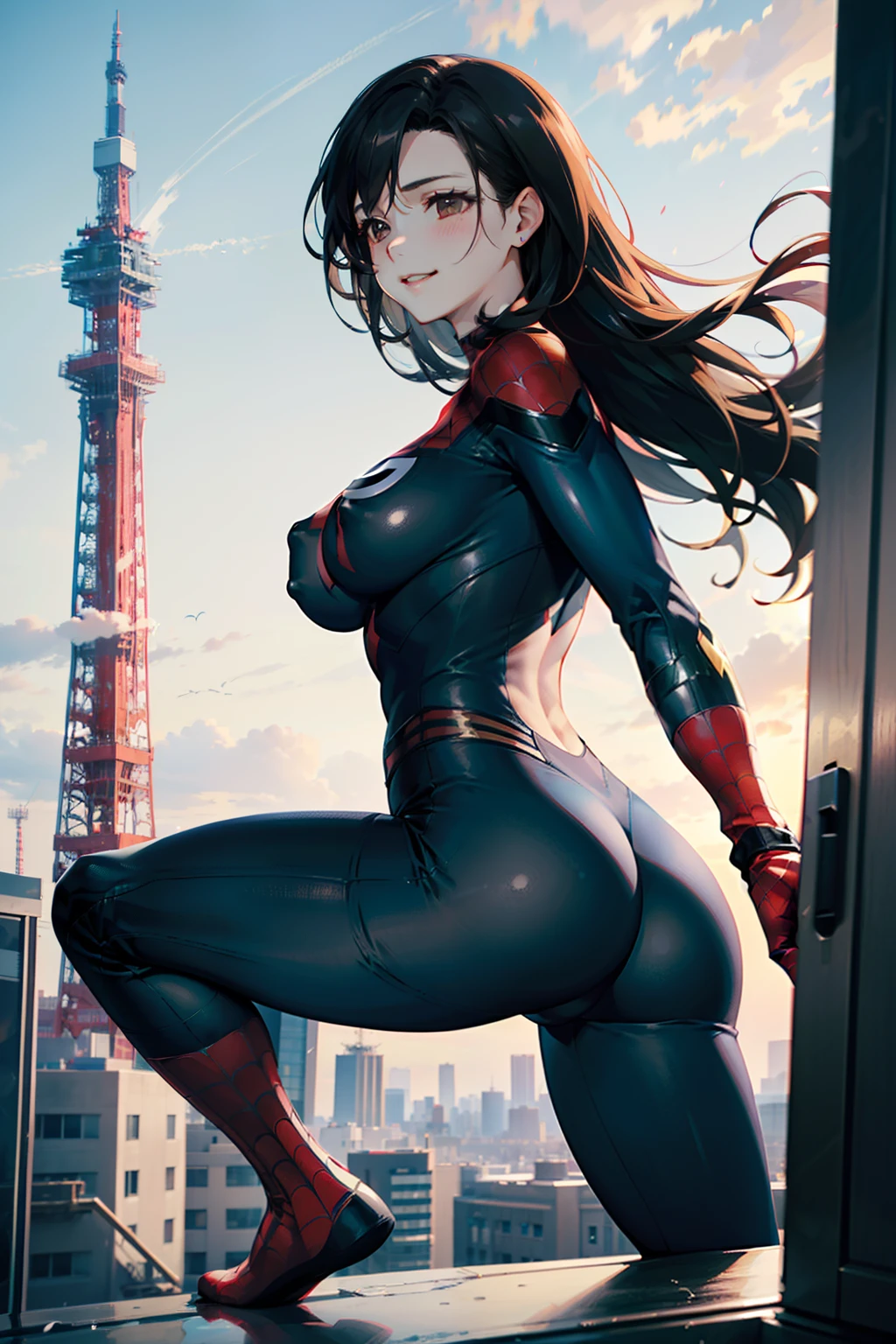 NSFW、High legsuits(masutepiece、Best Quality)、Intricate details、8k picture、art stations、Wallpaper、Official art、Splash Art、Sharp Focus、1girl in、Tifa Lockhart、Long hair、dark brown eyes、Black hair、Big breasts、Skins don't appear、Skintight Spiderman Suit、She is red、Spider-Man's suit with black theme、(A smile)、(embarrassed from)、(red blush)、crouching down、itting open legs、Arms behind your head、(cameltoe)、(long nipples)、(highleg)、(ass visible through thighs)、(crotch cutout)、Top of Tokyo Skytree in the afternoon、