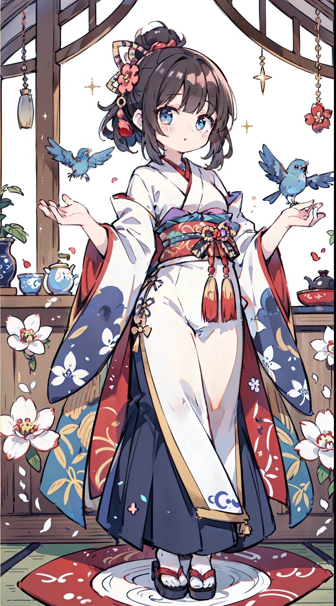 Master Pieces,hyper quality, Hyper Detailed,Perfect drawing,独奏、((full bodyesbian、Standing picture:1.2))、Beauty in the world、Komono、Japanese dress、Black-haired、Japanese hair、Colorful Japan kimono、Nishijin Ori、Delicate and smart eyes、Half-open lips、sidelong glance、Graceful、Gorgeous、Beautiful、red blush(0.2)、Dazzling、Stunning、Gorgeous、Gentle、Shunguang、natural soft light、Flowers and Birds Fugetsu、traditional Japanese room、Accurate drawing、Detailed drawing