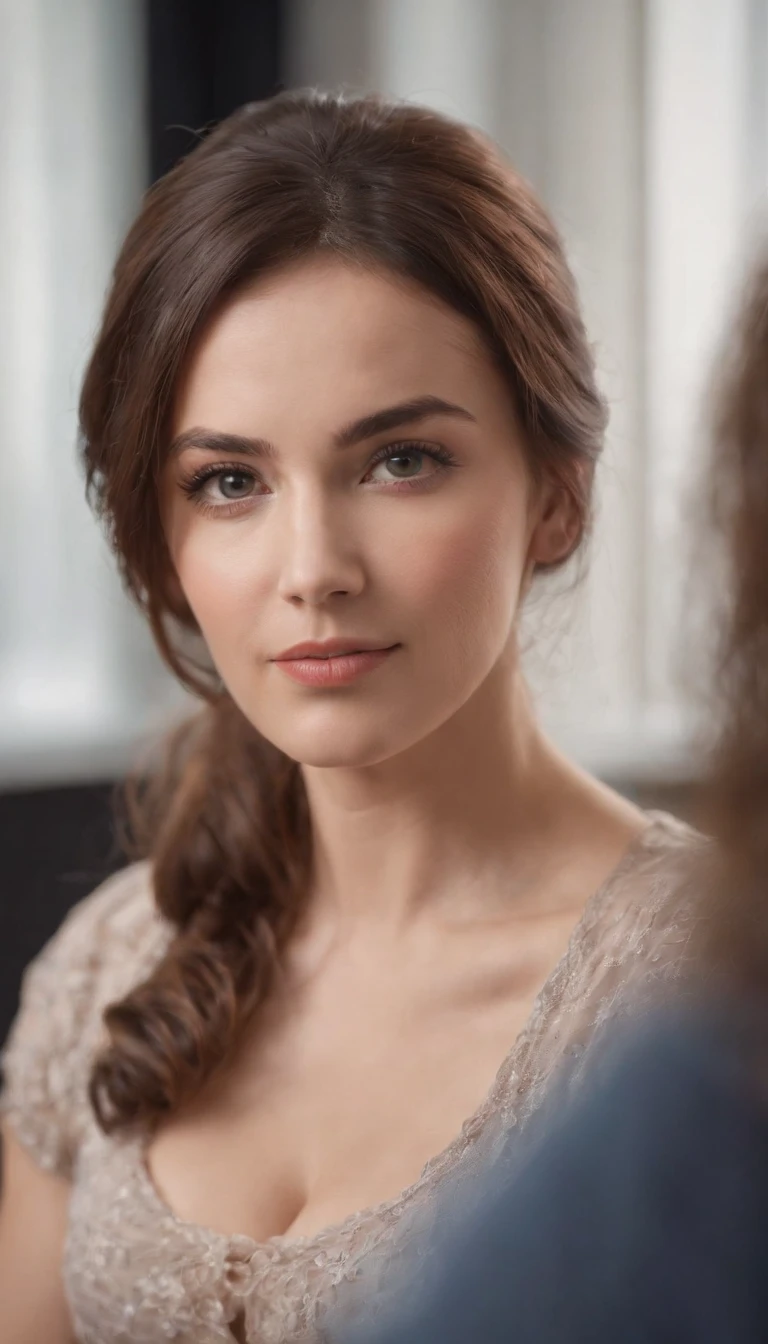 In the classroom,The teacher is lecturing the students,Beautiful teacher,closeup cleavage,sharp focus on eyes