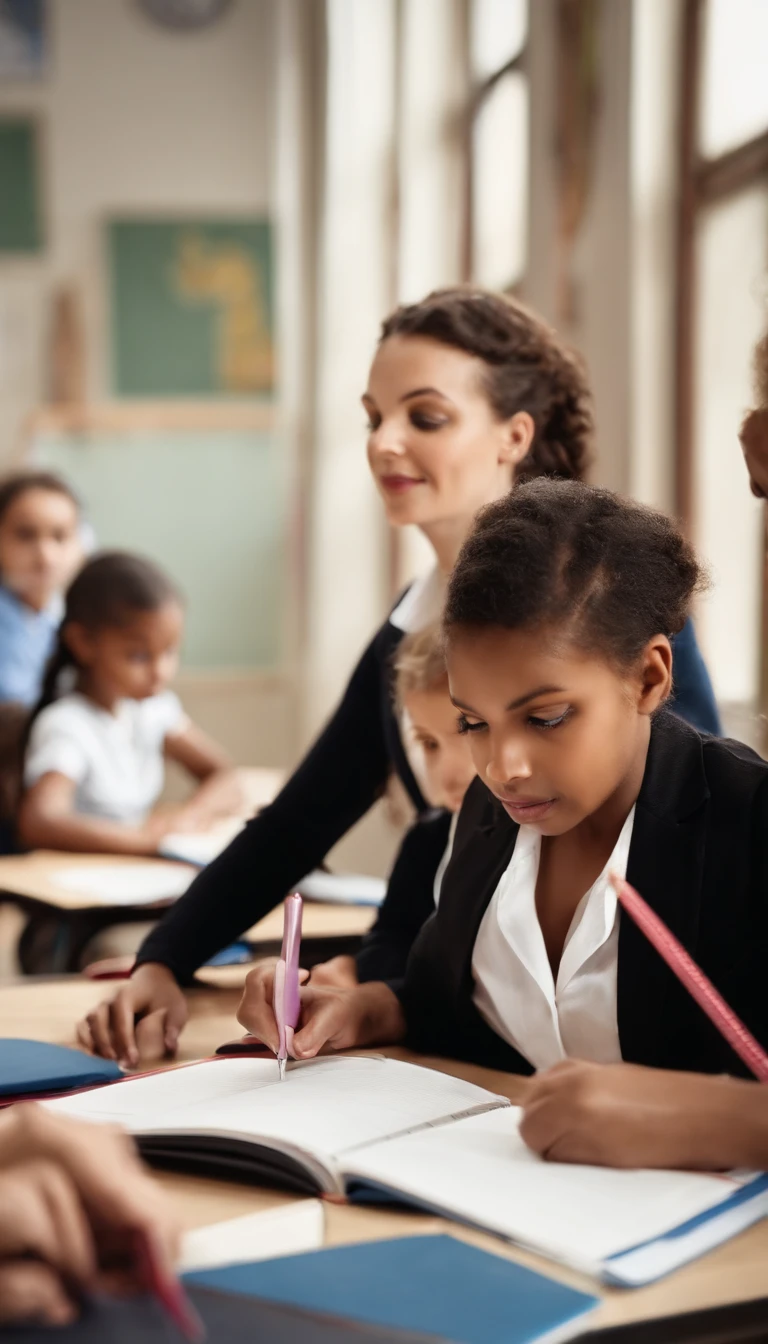 In the classroom，The teacher is lecturing the students，Beautiful teacher，closeup cleavage，sharp focus on eyes