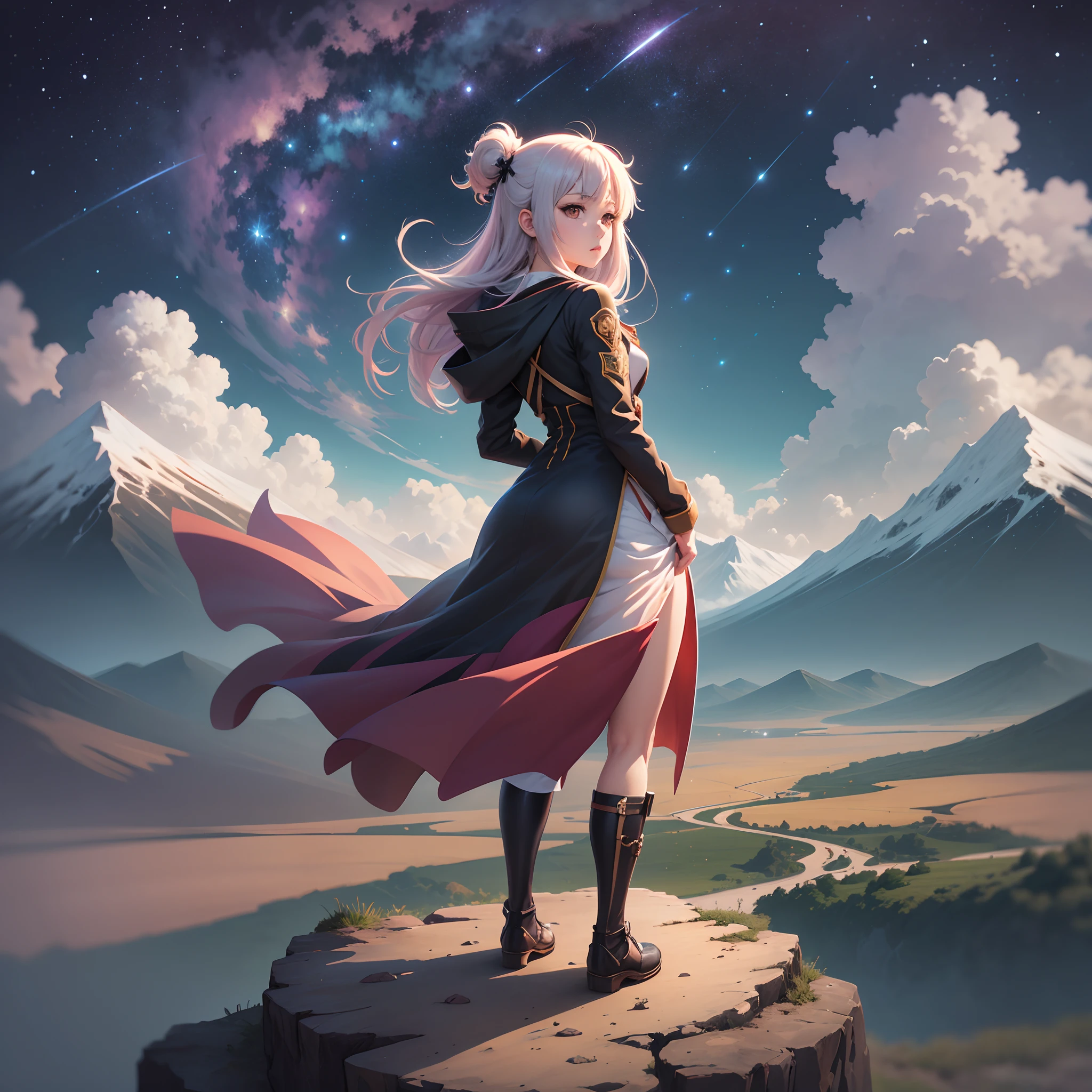 female anime character, standing on a small ledge of land in the distance, with her back turned, looking at the stars, starry sky, landscape of a beautiful open field with mountains in the background, without looking at the camera, serial art, anime digital illustration , anime style illustration, 4K anime style, cute anime portrait, anime style portrait, anime style art, anime illustration, anime digital art, detailed anime digital art. --auto --s2