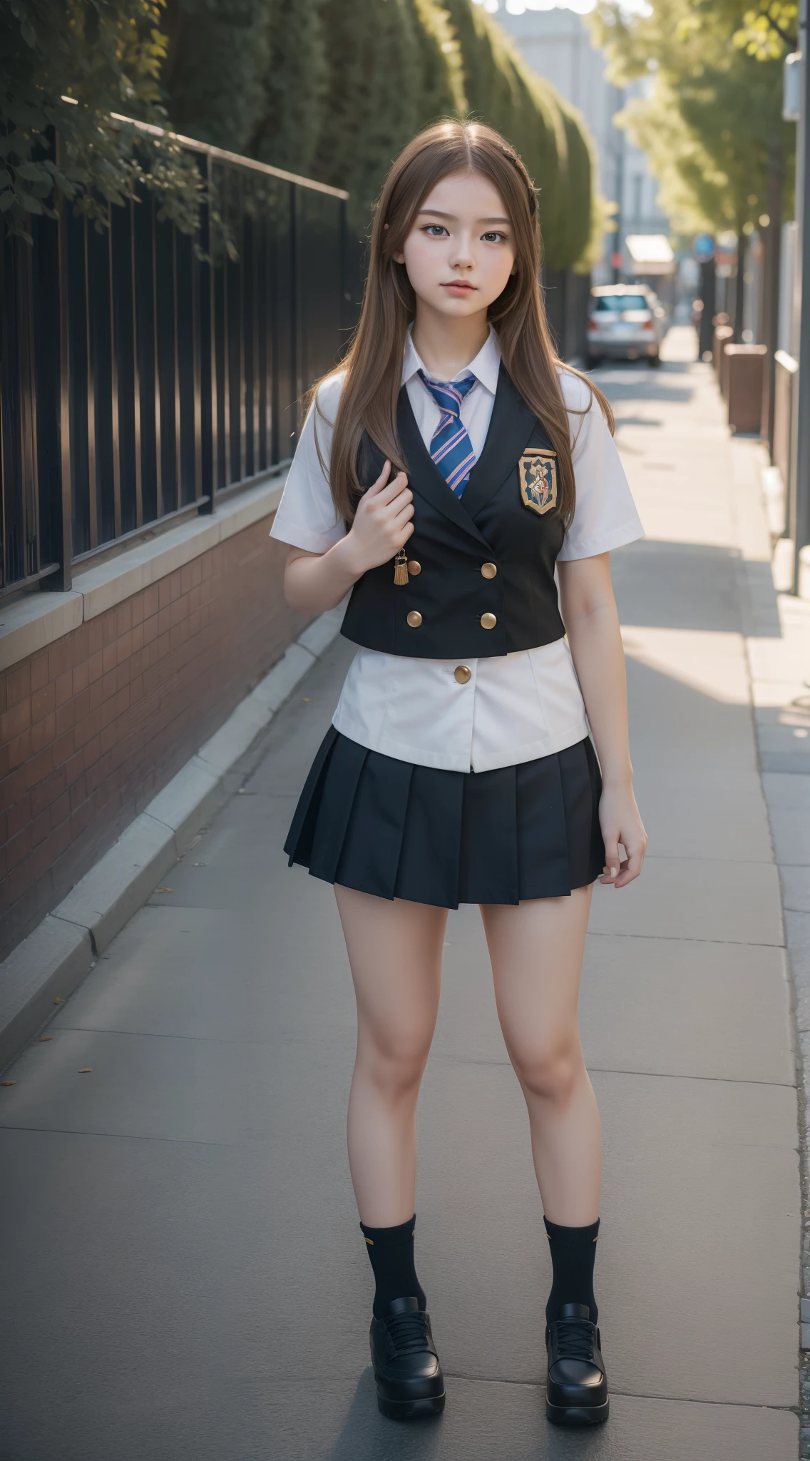 ((8k:1.27), best quality, masterpiece, golden ratio, ultra highres:1.2) Photo of cute idol girl
 (beautiful:1.1) (sci-fi warrior woman:1.1), cute asian girl, 18 years old, fantasy, detailed, street photography, Hasselblad camera, depth of field, max lighting, random hair, random hair color, solo girl, 1 girl, big breast: 1.5, rounded breast, chubby body, full body photography, school uniform, mini skirt