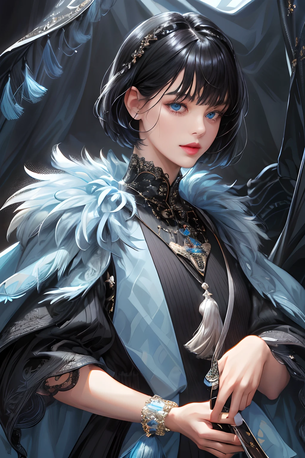 (absurderes , High quality , Masterpiece , Ultra detailed), ( Detailed to hand ) (Details to the eye) (Meticulous to the face) , couples, 1 man (Short black plumage，Soft tassels, The bangs part is on side 3:7 Scale) and 1 female (Short black hair with tassels) Love ,pretty eyes (Blue eyes) , Black hair, fantasy, Detailed background.