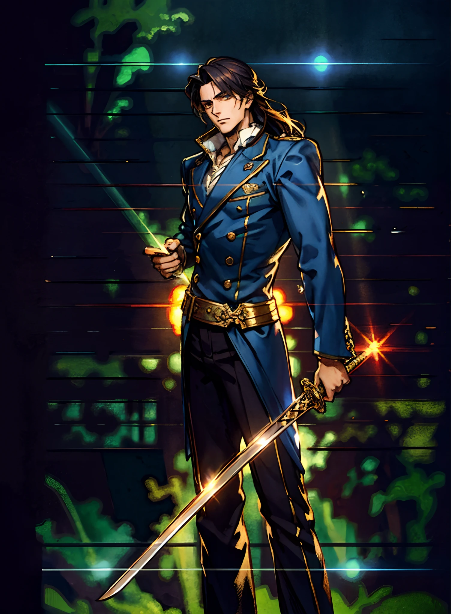 A young man with deep blue long hair, cold and resolute eyes, a slender face, handsome features, stands tall in front of a decrepit ancient city under the night sky, exudes a dignified demeanor, he wears a two-piece Western-Eastern hybrid black suit coat, matching black trousers, in each hand he holds a curved longsword emitting a faint, hazy blue glow that illuminates the surroundings, this character embodies a finely crafted fantasy-style swordsman design in anime style, characterized by a sophisticated and mature manga illustration art style, high definition, best quality, highres, ultra-detailed, ultra-fine painting, extremely delicate, professional, anatomically correct, symmetrical face, extremely detailed eyes and face, high quality eyes, creativity, RAW photo, UHD, 8k, Natural light, cinematic lighting, masterpiece:1.5